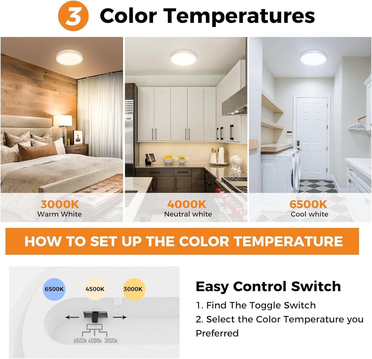 slochi Bathroom Light, 3000K/4000K/6500K 3 Color Temperature, Waterproof IP54, S...