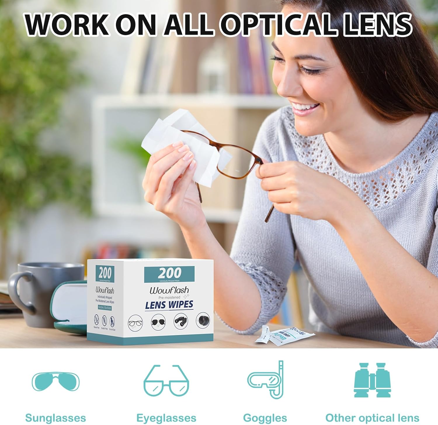 200 Count Lens Wipes for Eyeglasses, Eyeglass Lens Cleaning Wipes Pre-moistened...