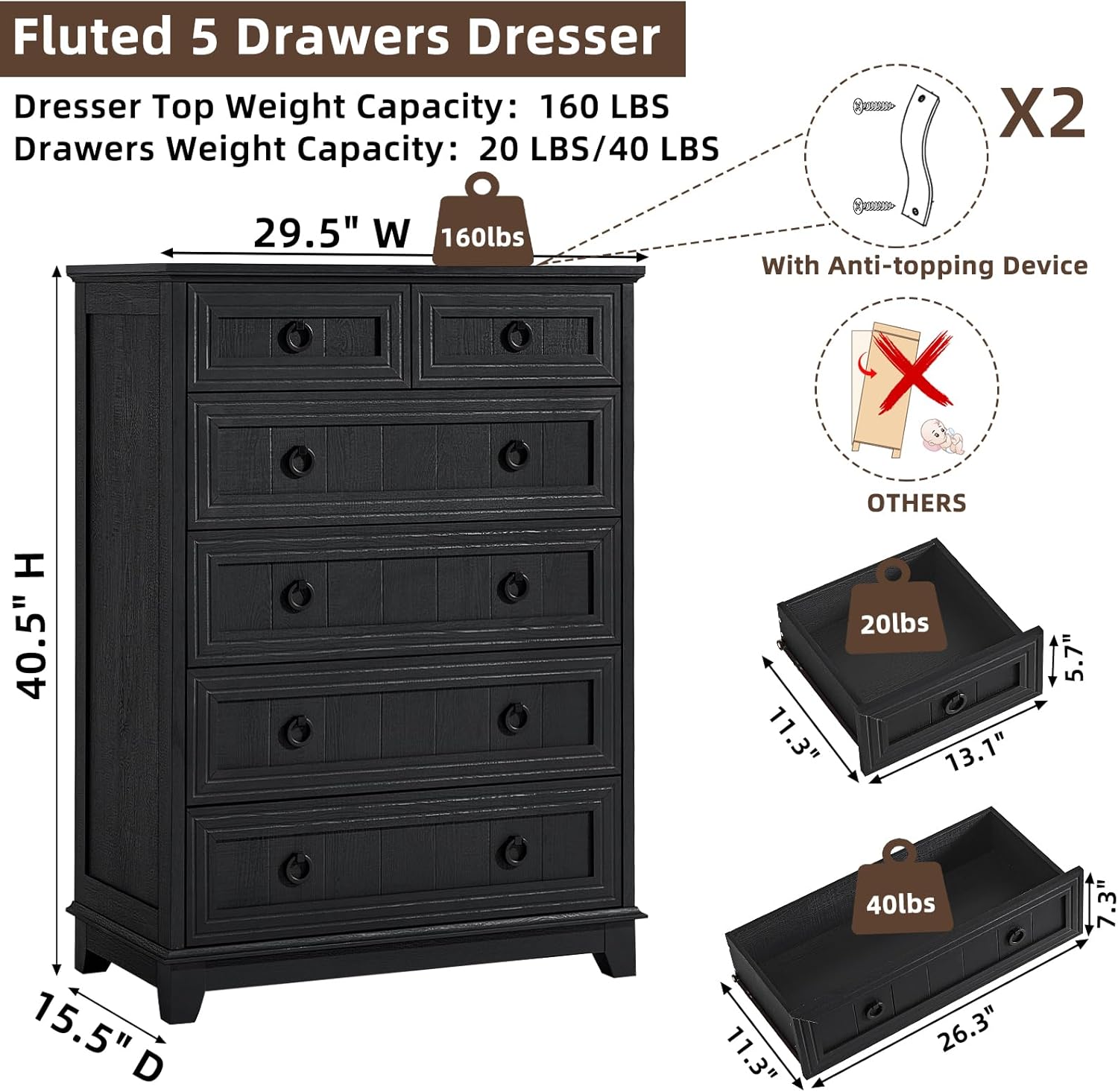 Unique Farmhouse 6 Drawer Dresser, Special Bedroom Furniture in 41 Inch Height,...