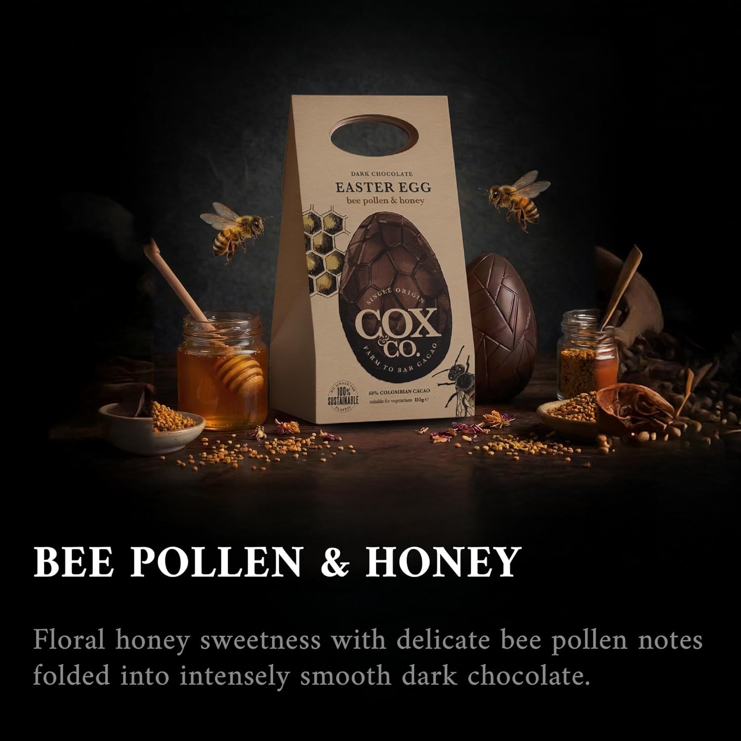 Cox&Co. 60% Dark Chocolate + Bee Pollen & Honey Easter Egg 155g | Luxury Easter...