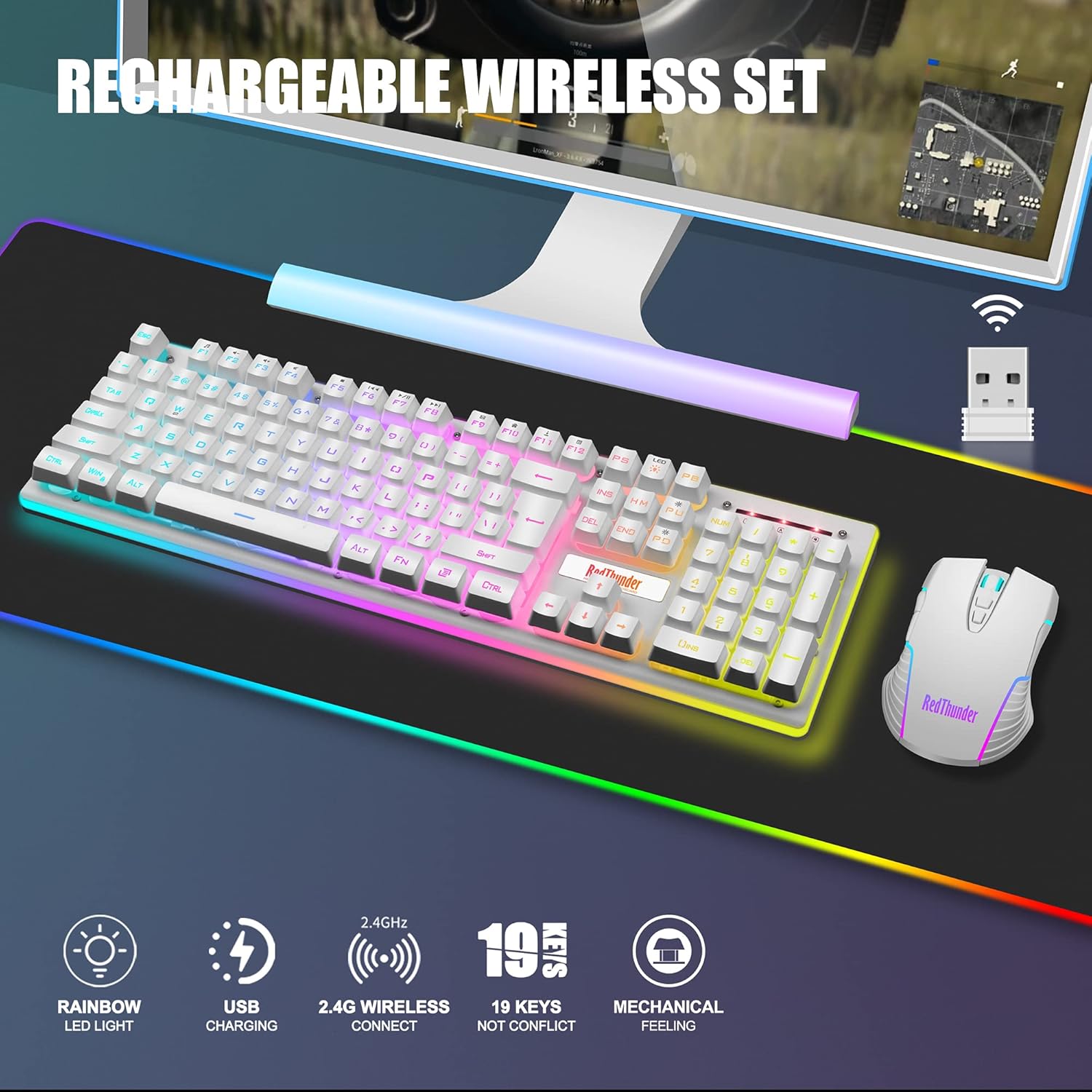 RedThunder K10 Wireless Gaming Keyboard and Mouse Combo, LED Backlit Rechargeabl...