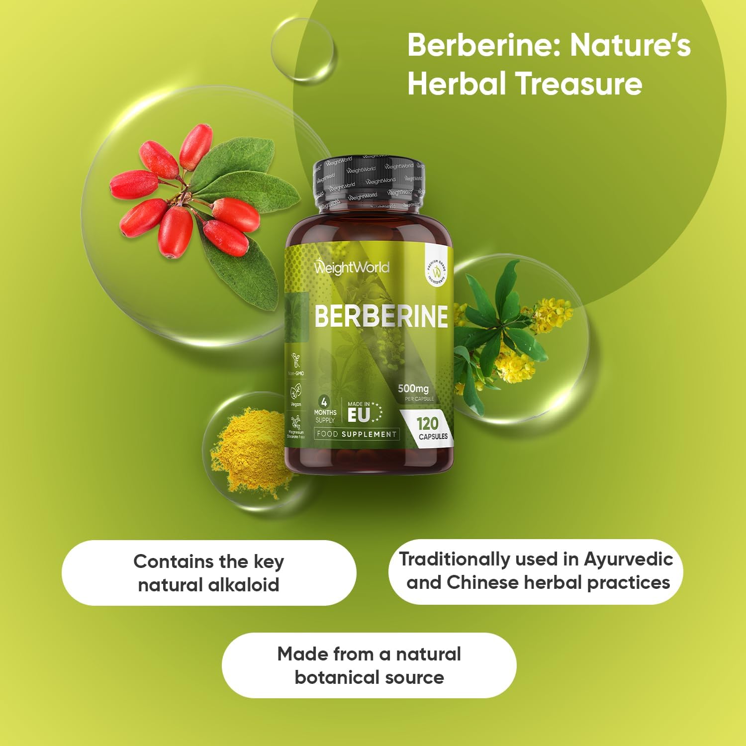 Berberine Supplement - 500mg per Capsule - 4 Months Supply - 120 Capsules - Stab...
