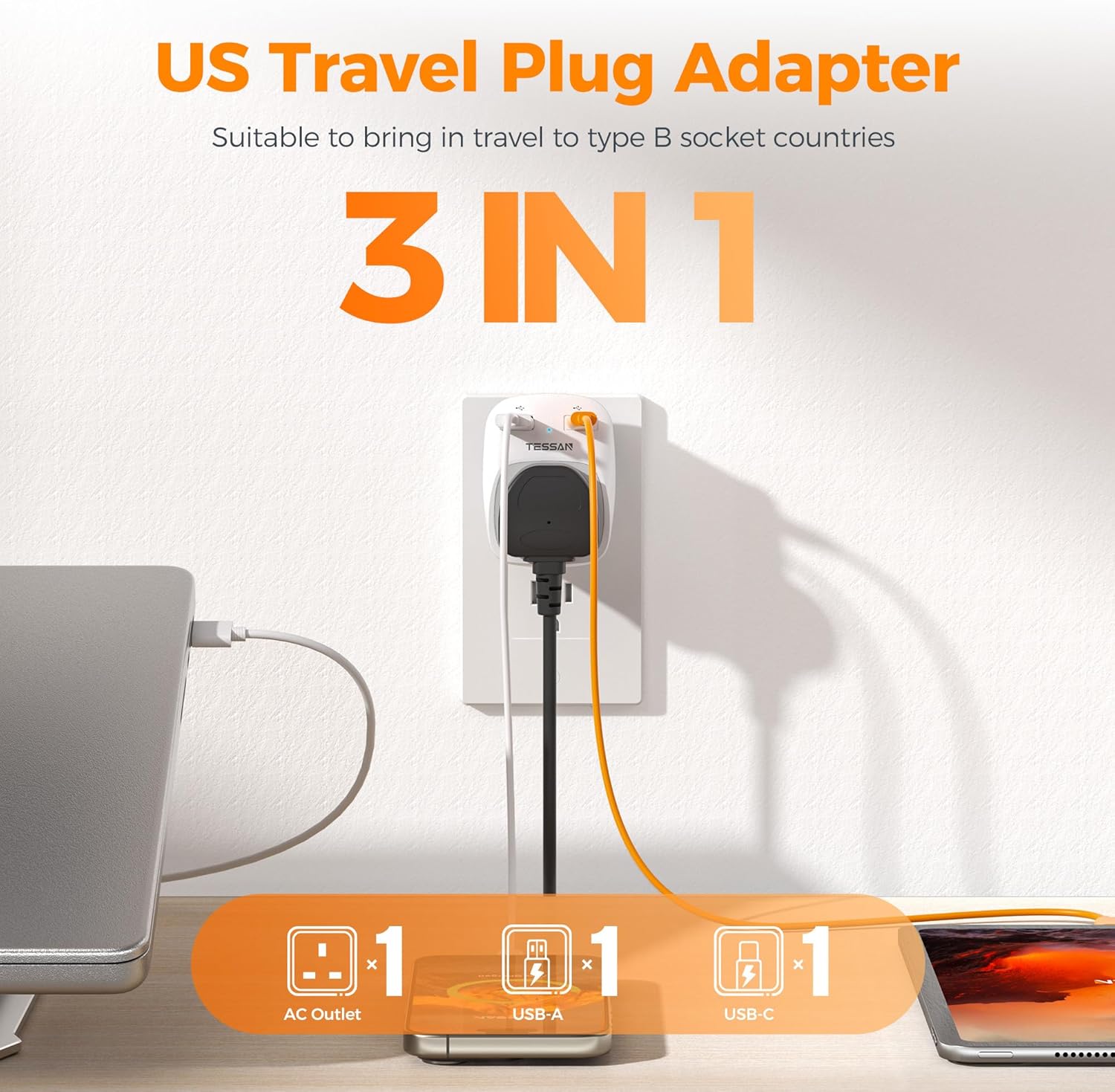 UK to US Plug Adapter 2 Pack, TESSAN UK to US Travel Adaptor with 2 USB (1 USB C...