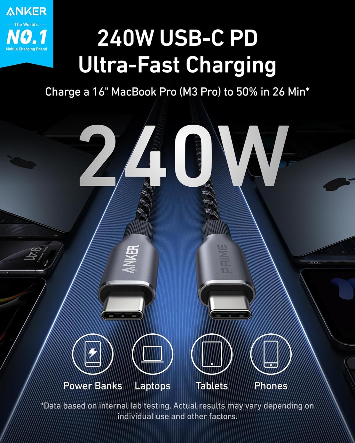 Anker Prime USB C to USB C Cable, 240W Fast Charging Cord, Upcycled-Braided Nylo...