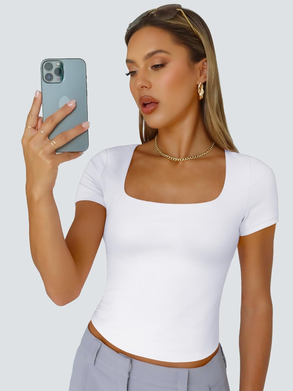 Trendy Queen Double Lined Short Sleeve Tshirts for Women Square Neck Cute Crop T...