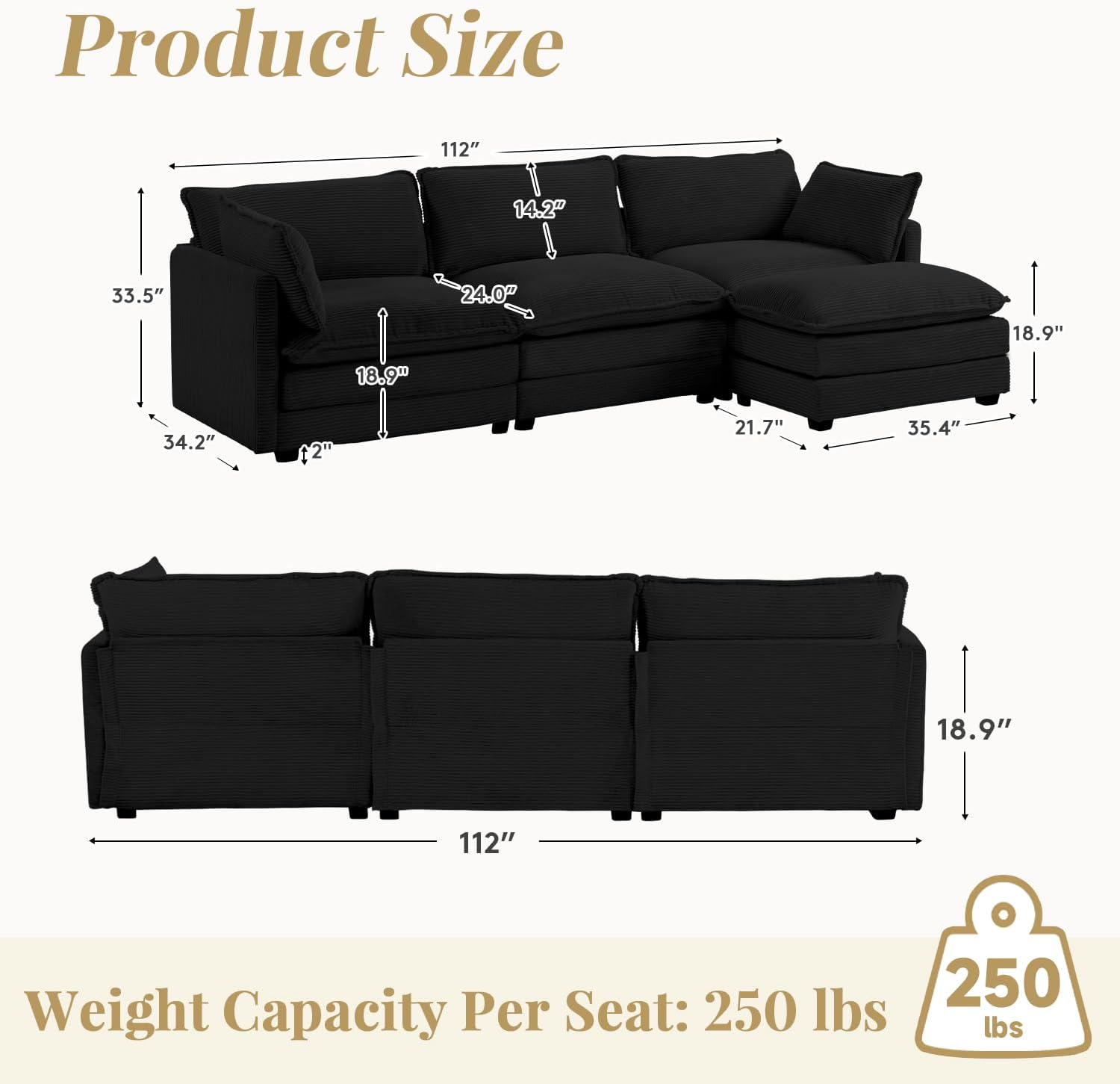 Luxurious 112'' Sectional Modular Cloud Couch, Superior Oversized L Shaped 3 Sea...