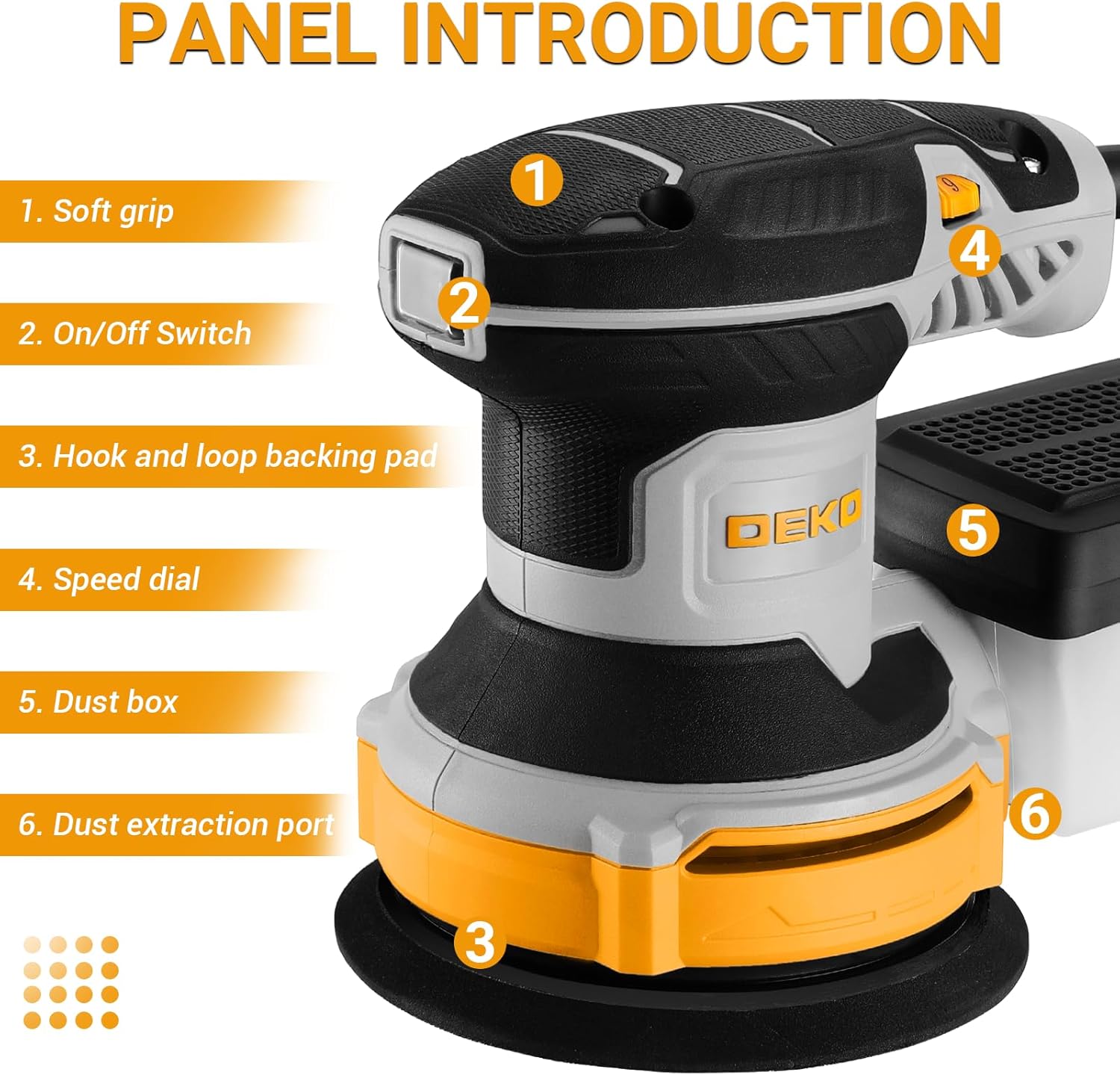 DEKOPRO Random Orbit Sander 300W with 16Pcs Sandpapers, 6 Variable Speed 14000RP...