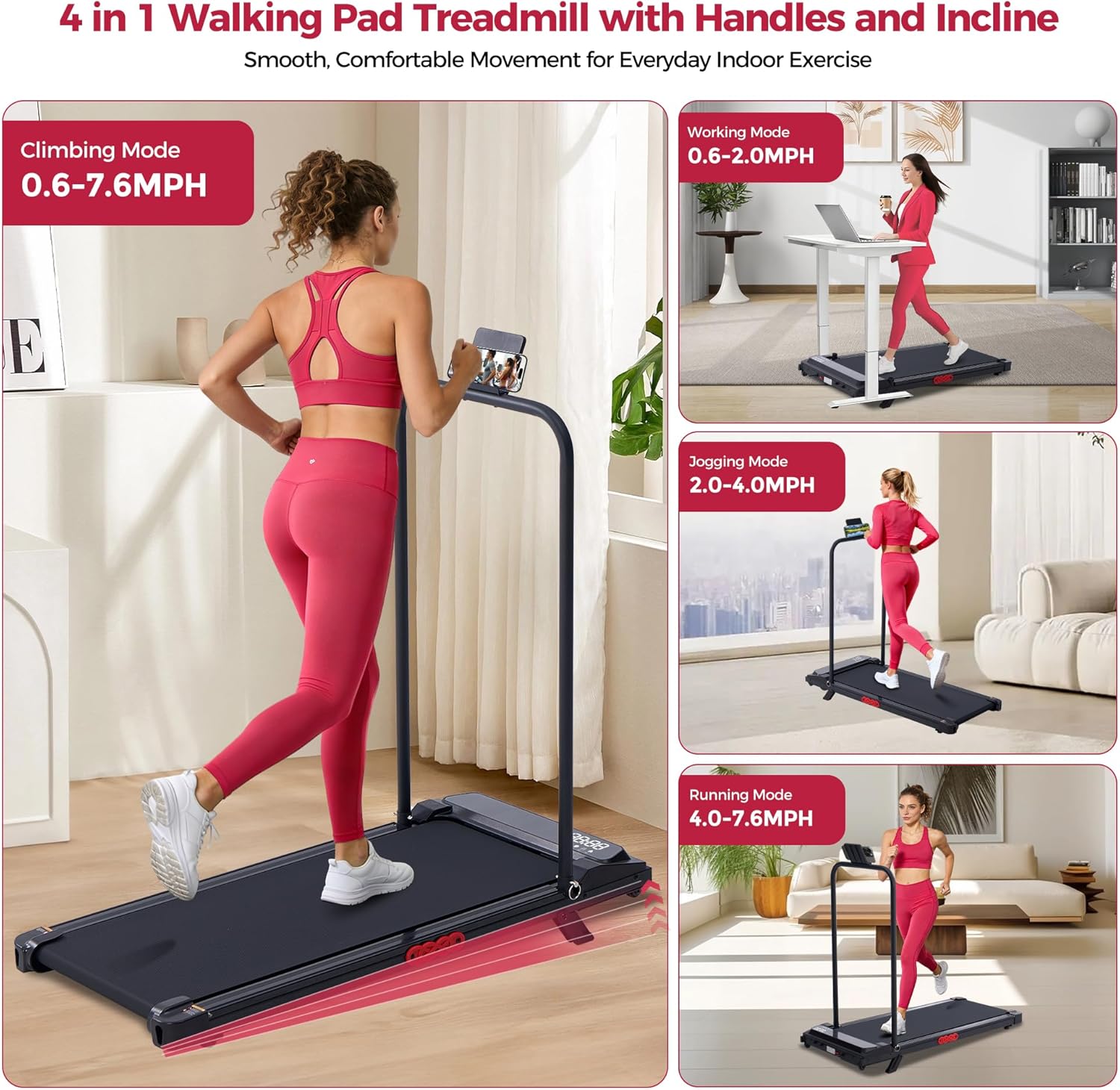 Walking Pad with Handle Bar and Incline, 3.0HP Under Desk Treadmill for Home Sma...