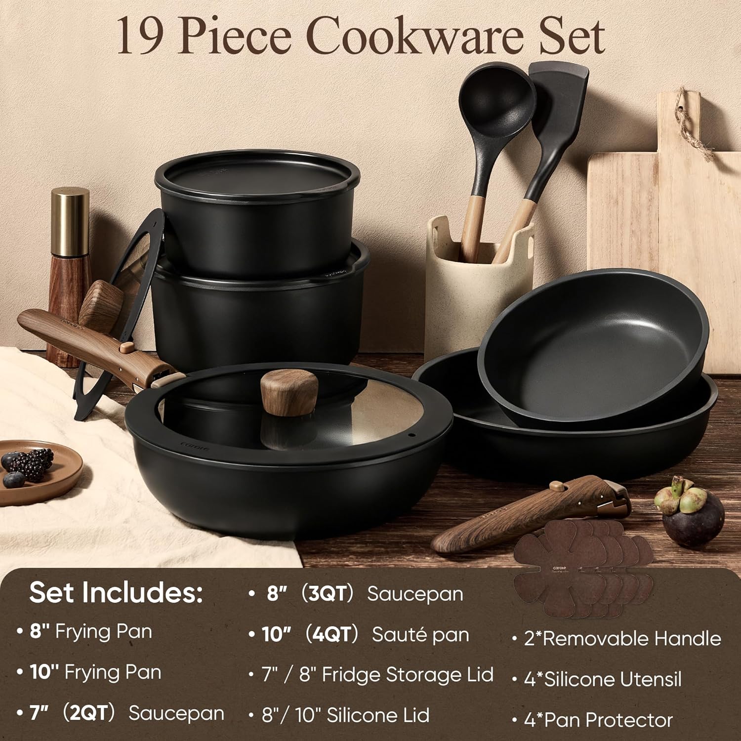 CAROTE 19pcs Pots and Pans Non Stick, Cookware Sets Detachable Handle, Induction...