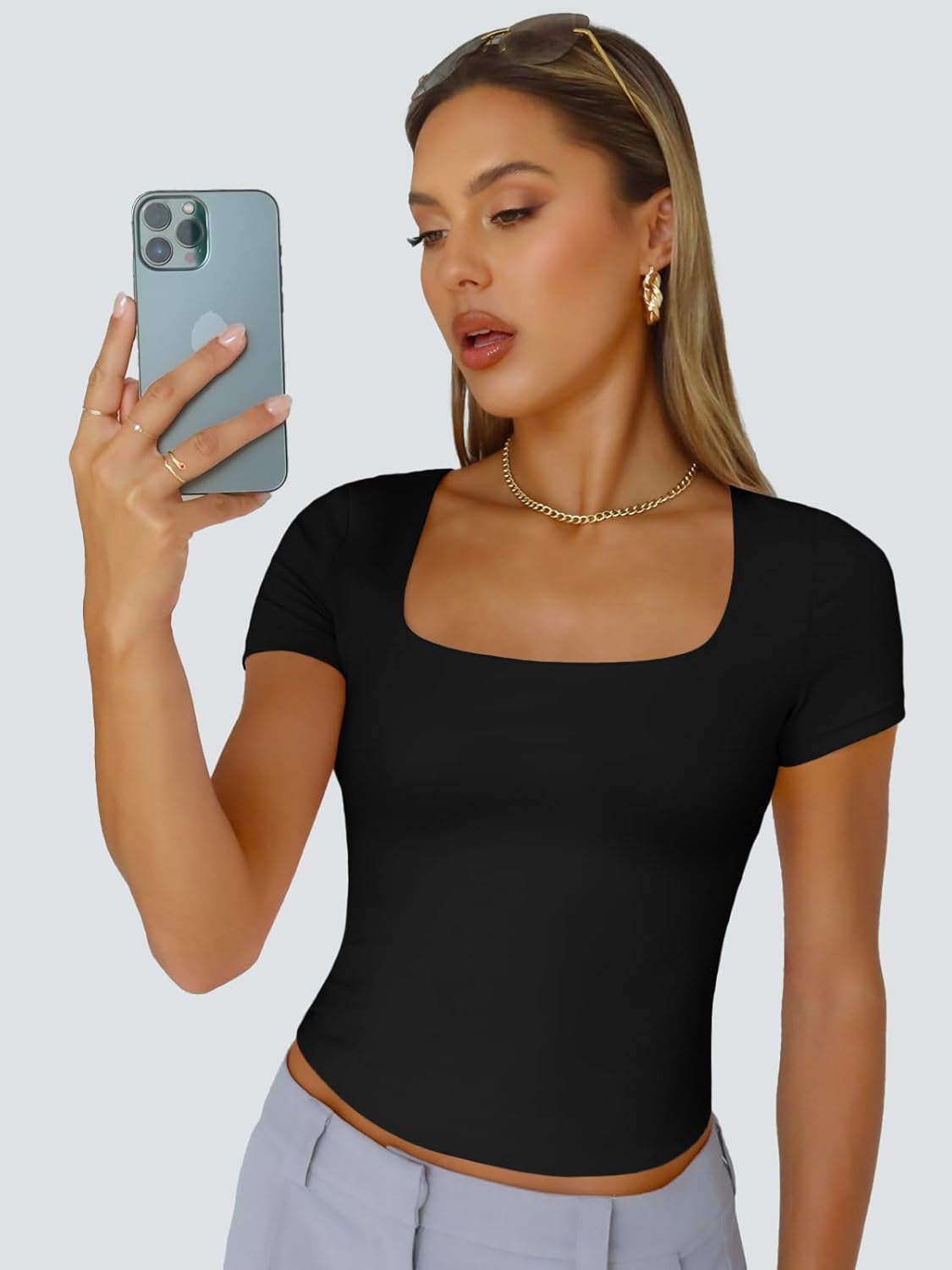 Trendy Queen Double Lined Short Sleeve Tshirts for Women Square Neck Cute Crop T...