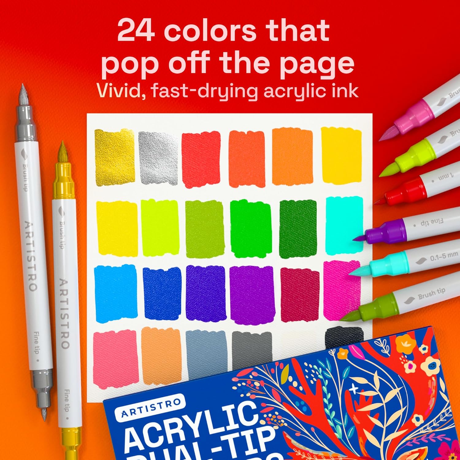 ARTISTRO 24 Acrylic Paint Markers - Paint Pens for Drawing, Brush + Fine Tips -...