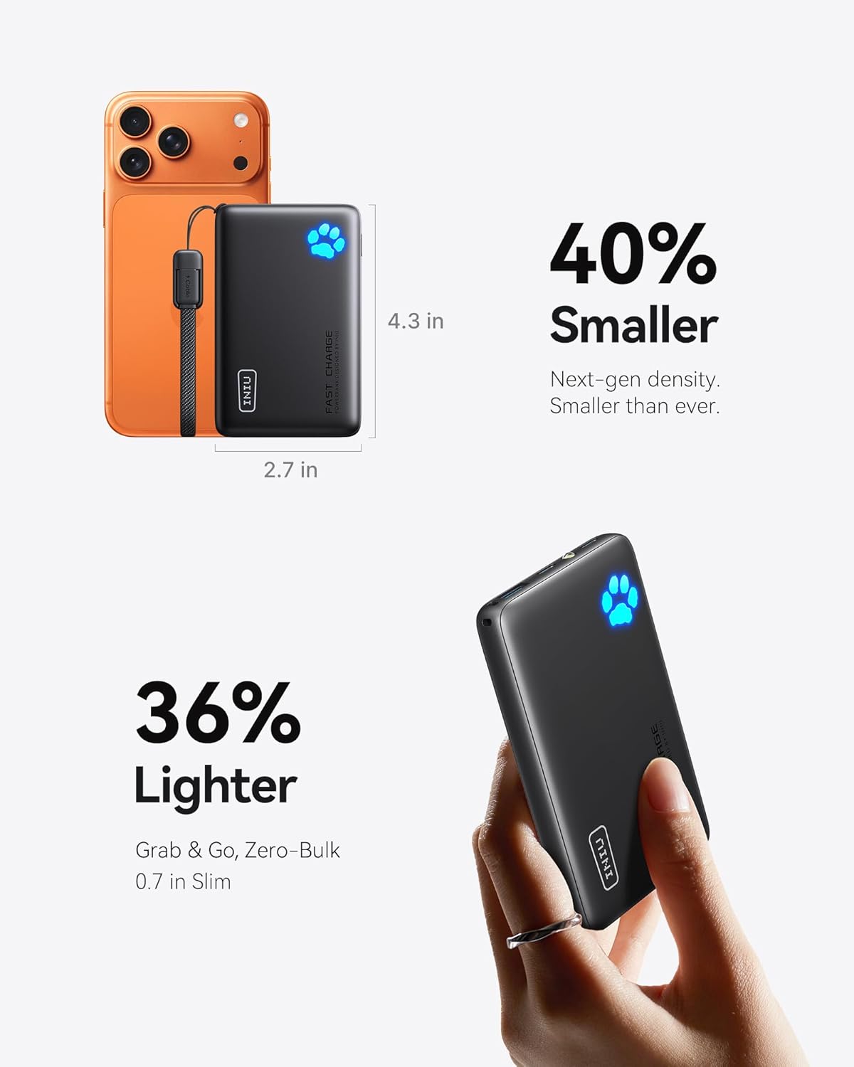 INIU Portable Charger, Ultra Slim 45W Fast Charging with Attached USB C Cable, F...