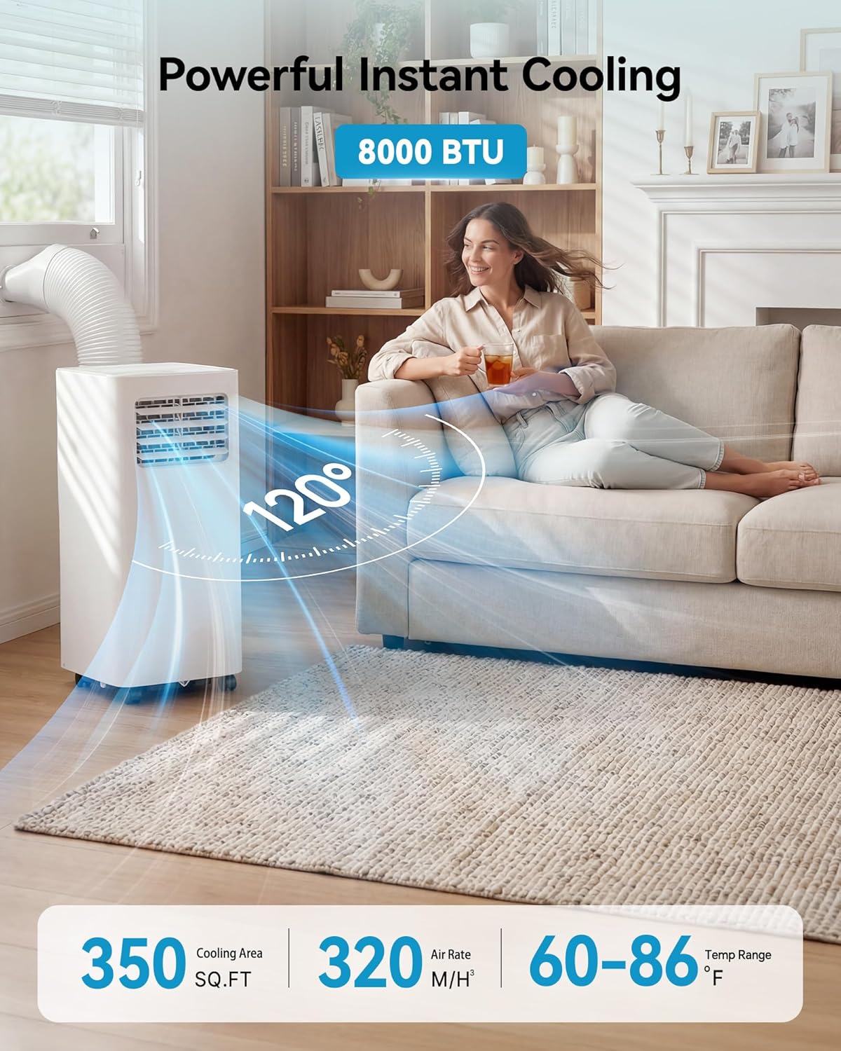 8000 BTU Portable Air Conditioner, 3-in-1 Cools 350 Sq.Ft, Quiet AC with Fan & D...