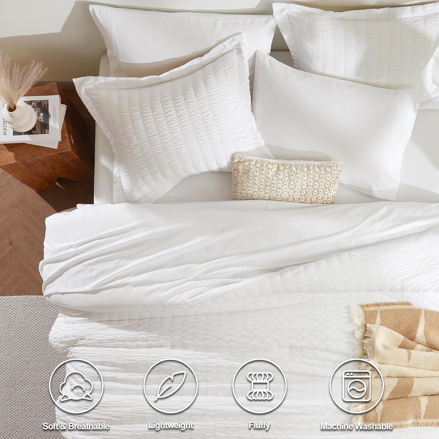 CozyLux Queen Comforter Set White Seersucker 7 Pieces Bed in a Bag Queen Comfort...