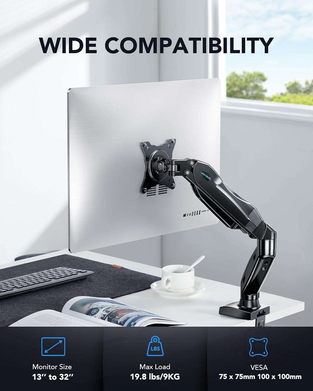 HUANUO FlowLift™ Single Monitor Mount, 13 to 32 Inch Monitor Arm, Adjustable Mon...