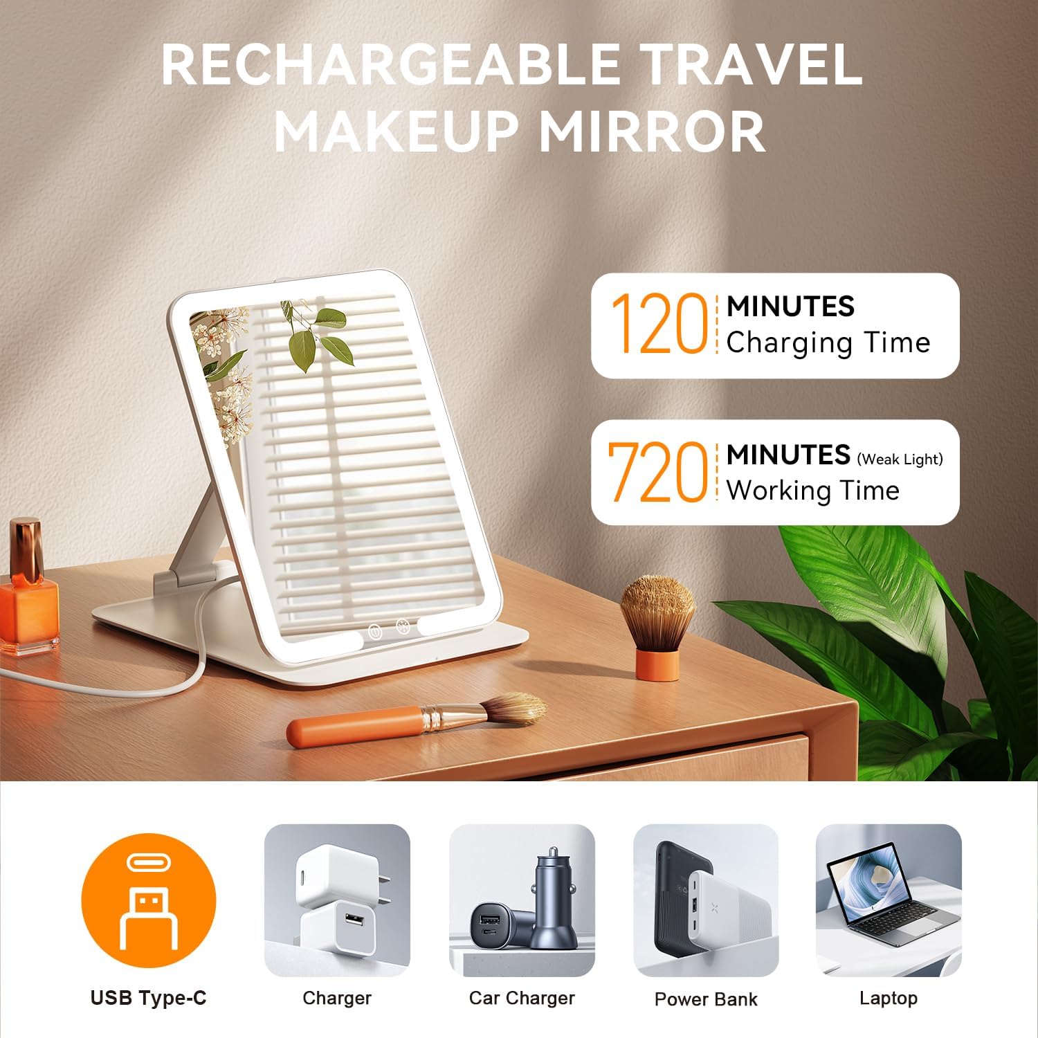 Auxmir Rechargeable Makeup Mirror, Portable LED Lighted Travel Mirror, Rotating...