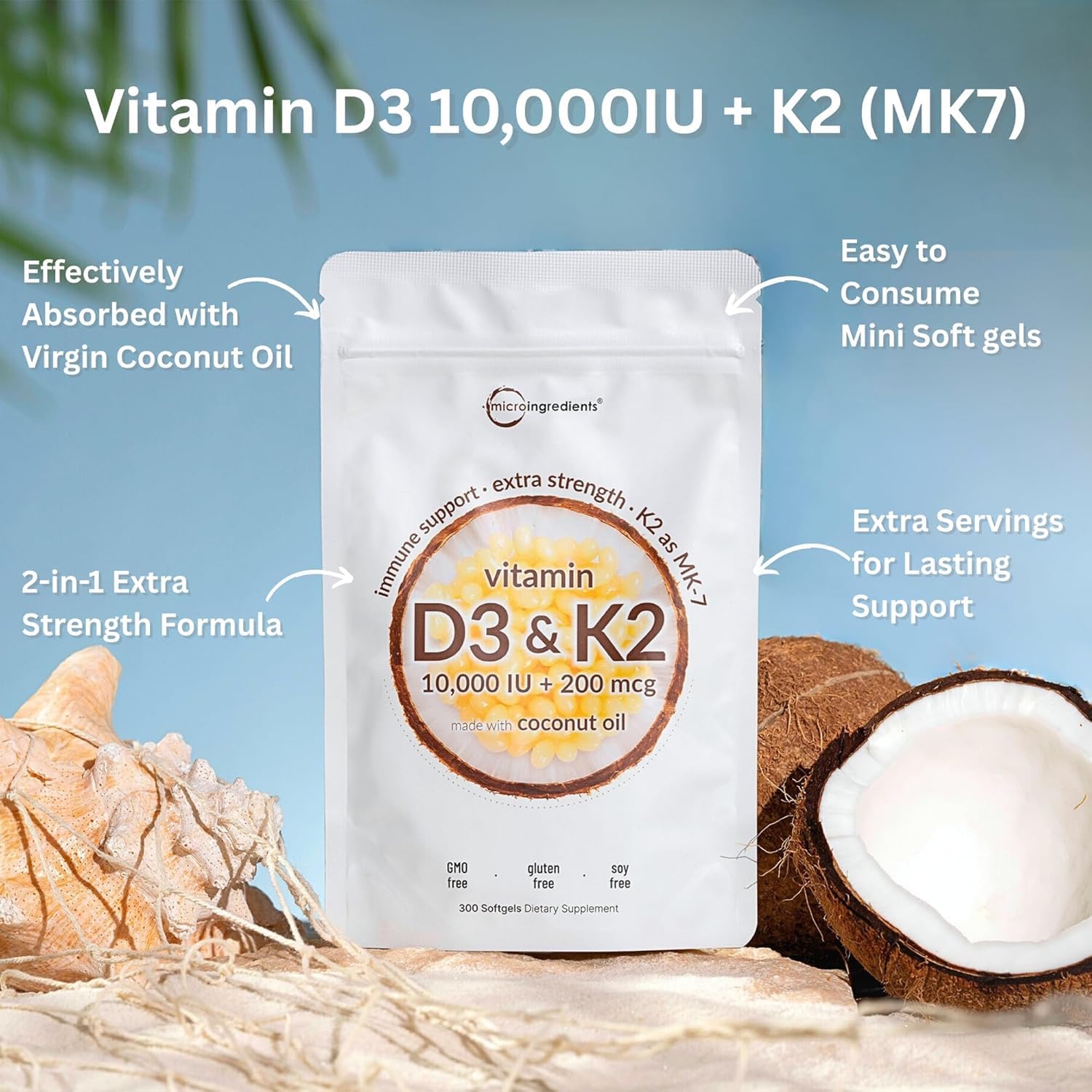 Micro Ingredients Vitamin D3 10,000 IU + K2 MK-7 2...