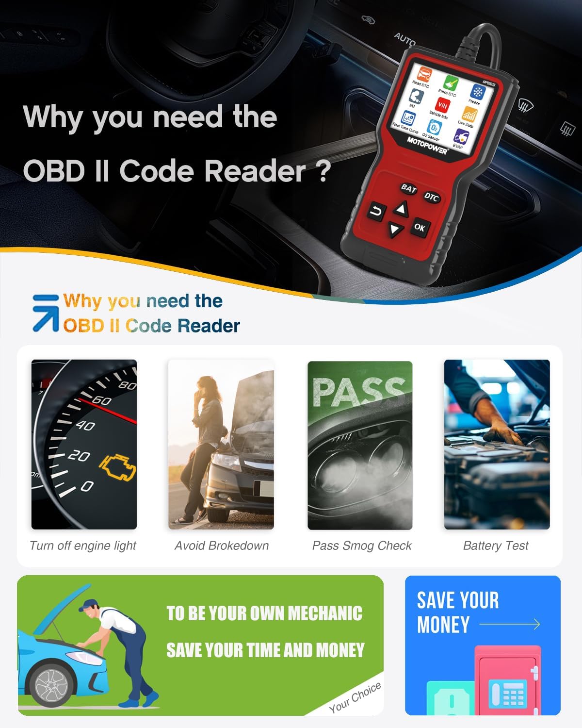 MOTOPOWER MP69033 Pro OBD2 Scanner Code Reader Check Engine Fault Light Diagnost...