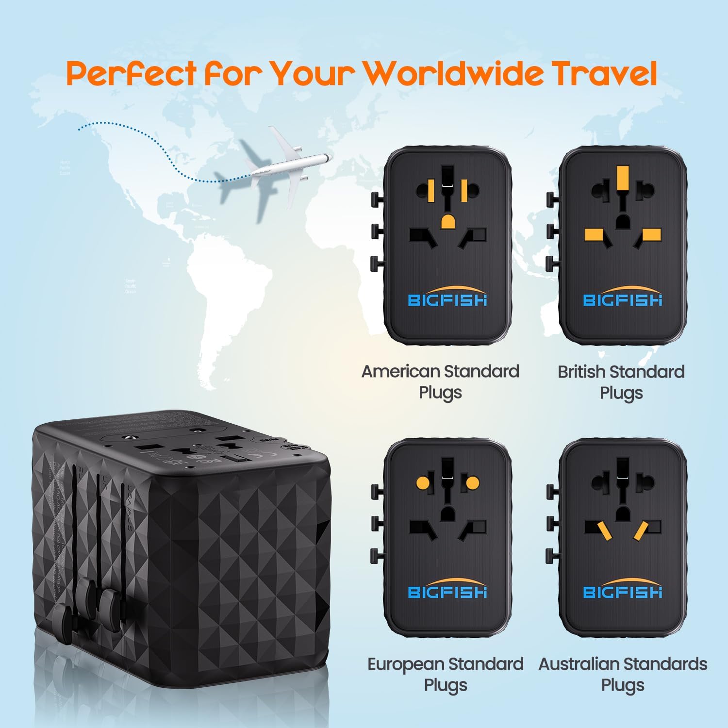 Bigfish Universal Travel Adapter WorldWide with 65W USB C PD Fast Charging, feat...