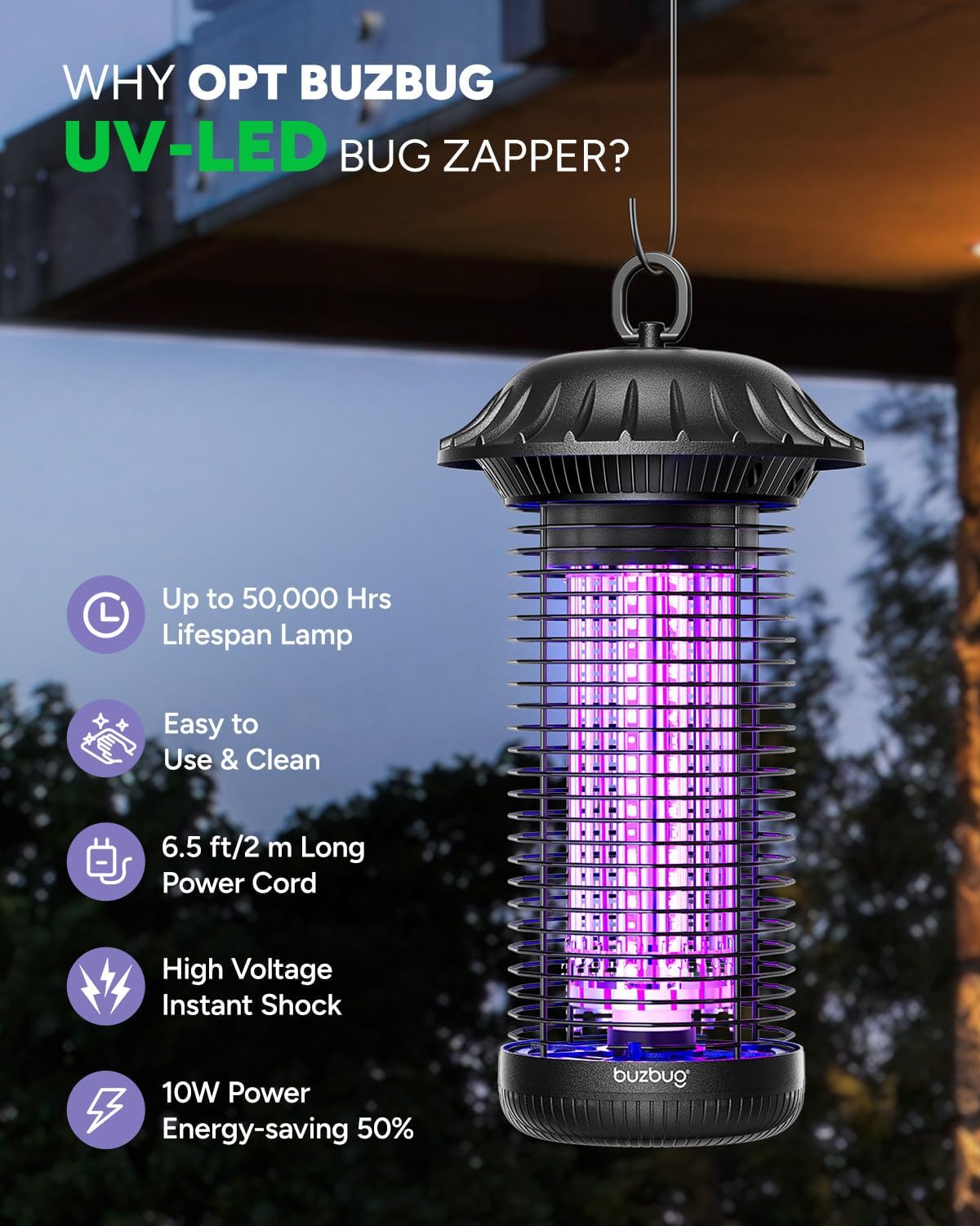 Buzbug LED Bug Zapper Indoor Outdoor, Up to 50,000 Hours Lifespan Lamps, 6.5 ft...