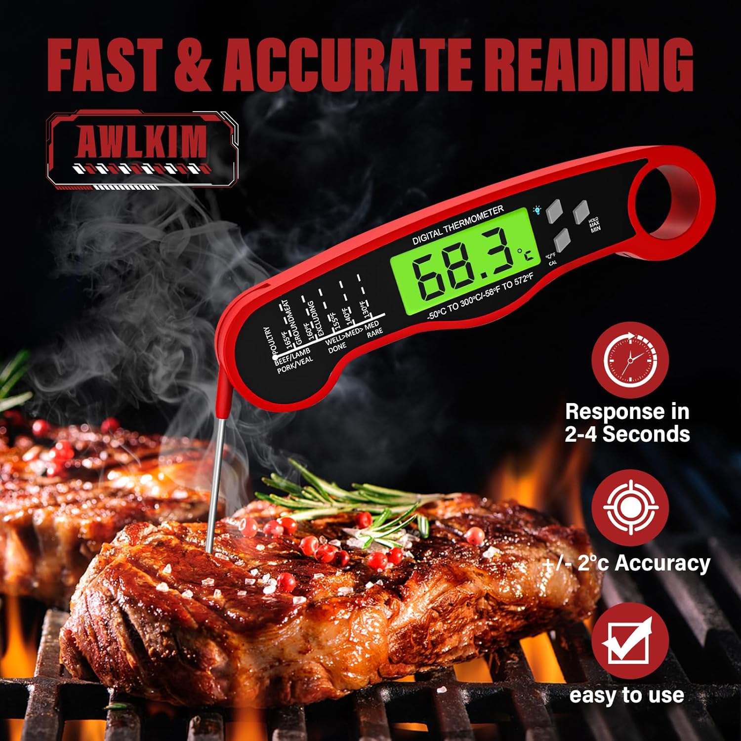 Instant Read Meat Thermometer for Grill and Cooking - Waterproof Fast Food Therm...