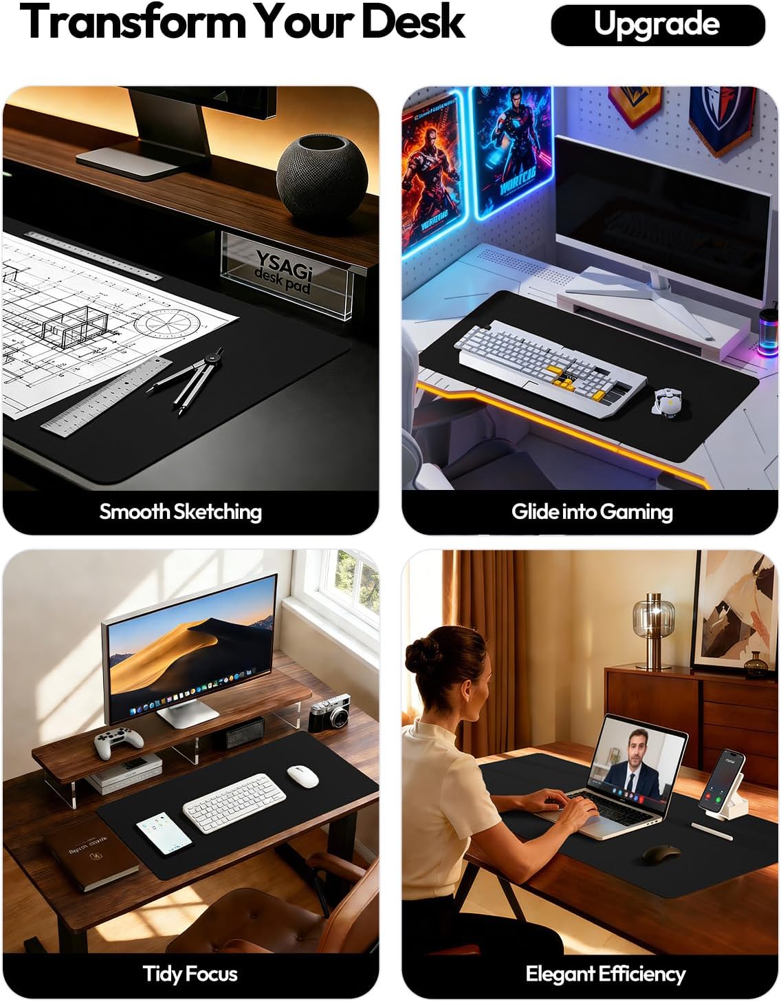 YSAGi Leather Desk Protector, Office Mat, Large Mouse Mat, Non-Slip PU Leather B...