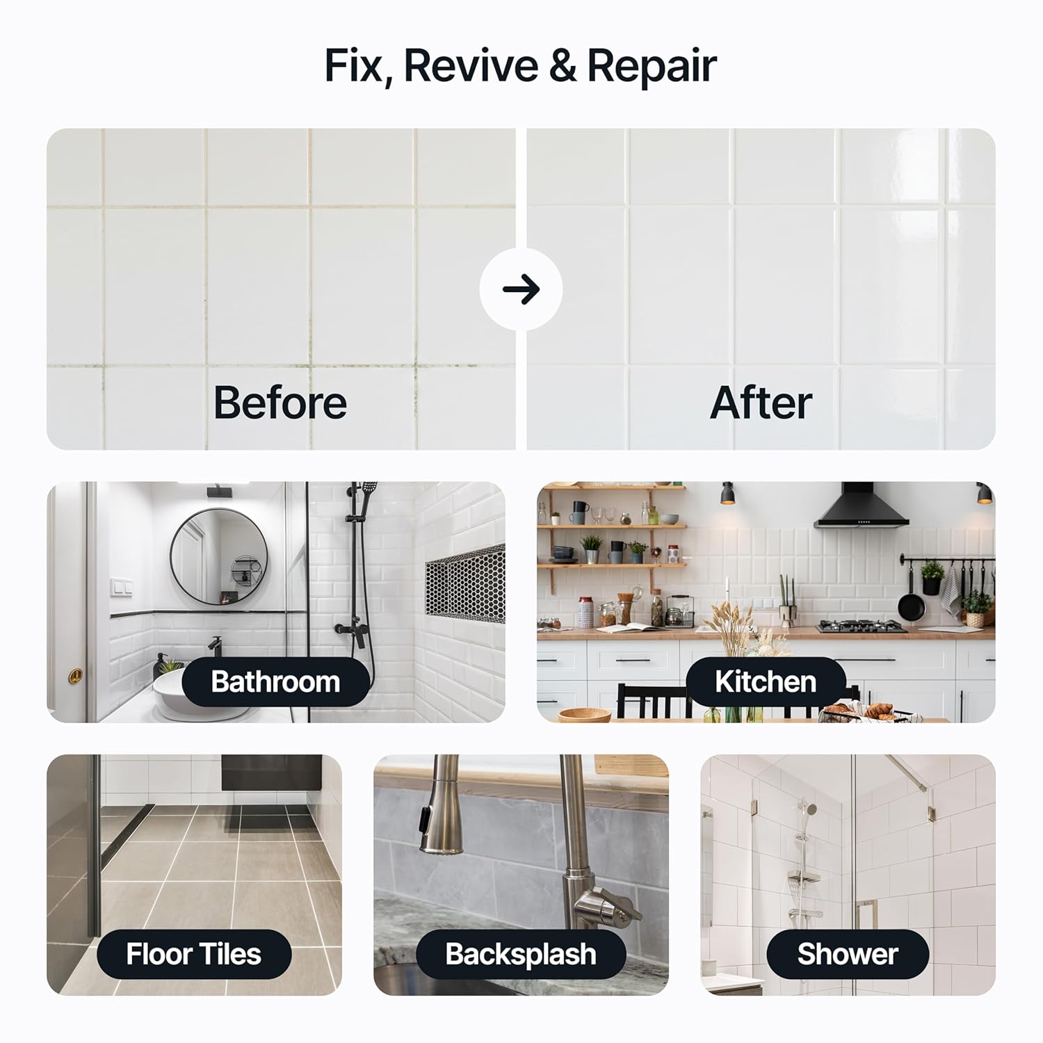 Hemway Bright White Grout Reviver Kit, Special Grout Repair Solution with Ready...