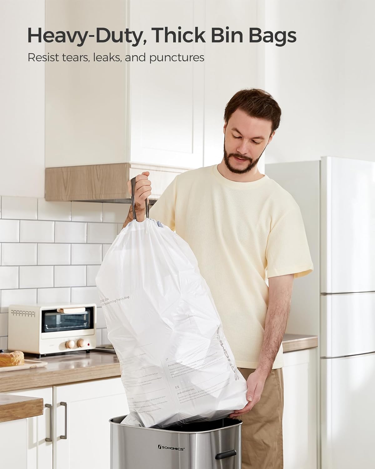 SONGMICS Heavy-Duty Bin Bags, Drawstring Rubbish Bags for 8-Gallon (30 L) Kitche...
