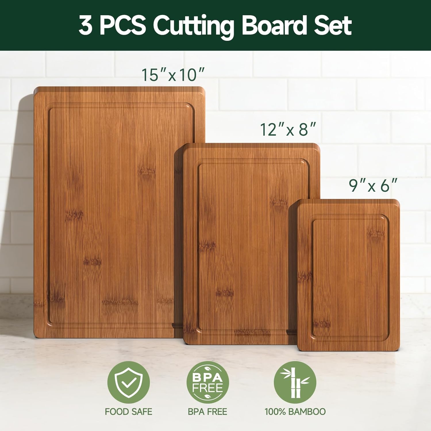 3-Piece Set Bamboo Cutting Board for Kitchen - Cra...