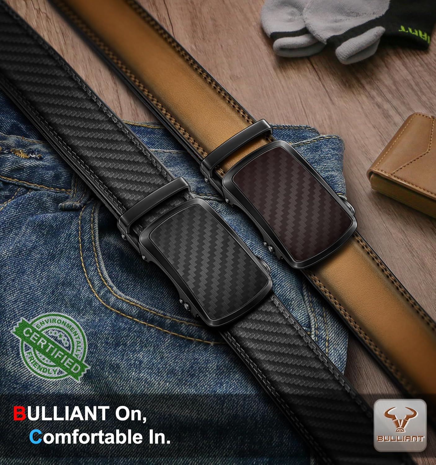 BULLIANT Men's Ratchet Belt 2 Pack-Click Leather Belt Adjustable for Men Gift 1...