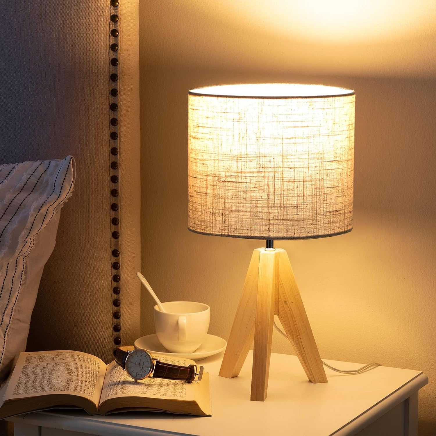 EDISHINE 36cm Wood Bedside Table Lamp, Tripod Desk Lamp with Beige Linen Lampsha...