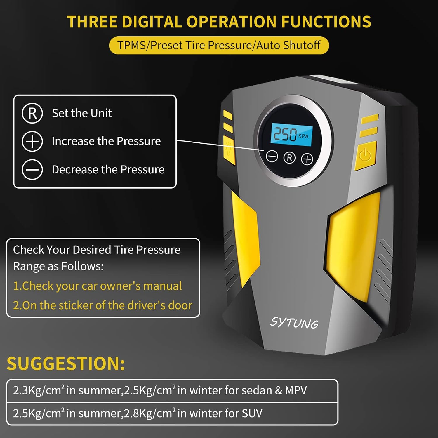 Digital Tyre Inflator, Portable Air Compressor Car Tyre Pump with 3 Nozzle Adapt...