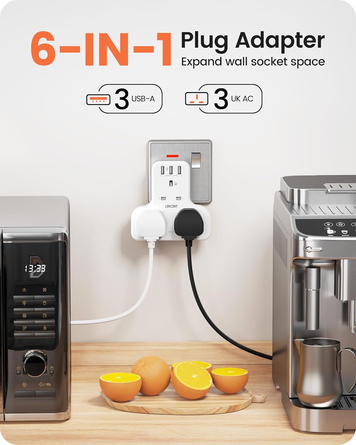 LENCENT Plug Extension Socket, 3 Way Multi Plug Socket with 3 USB Ports, Power E...