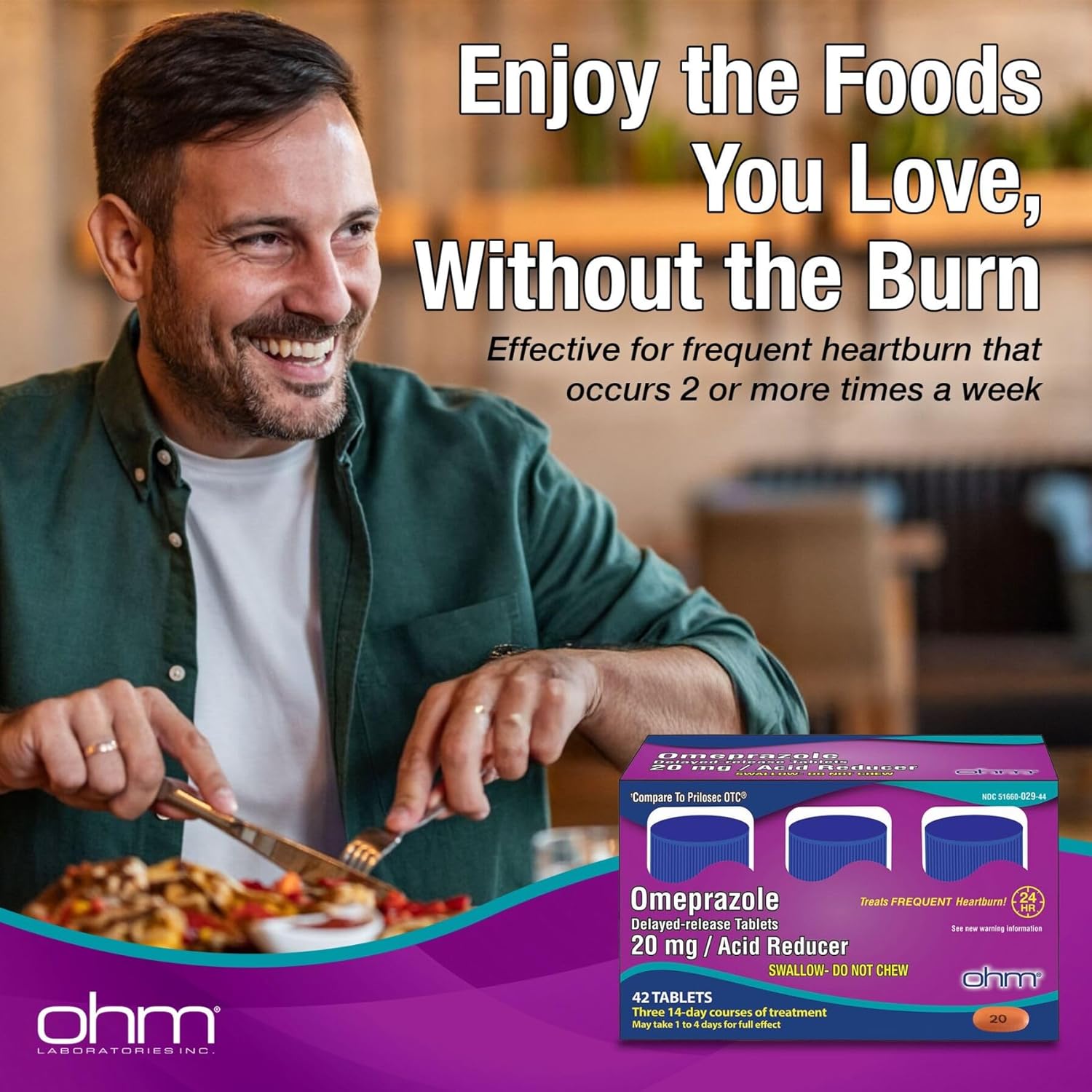 Ohm Omeprazole 20mg, 42 Delayed-Release Tablets, Acid Reducer for Frequent Heart...