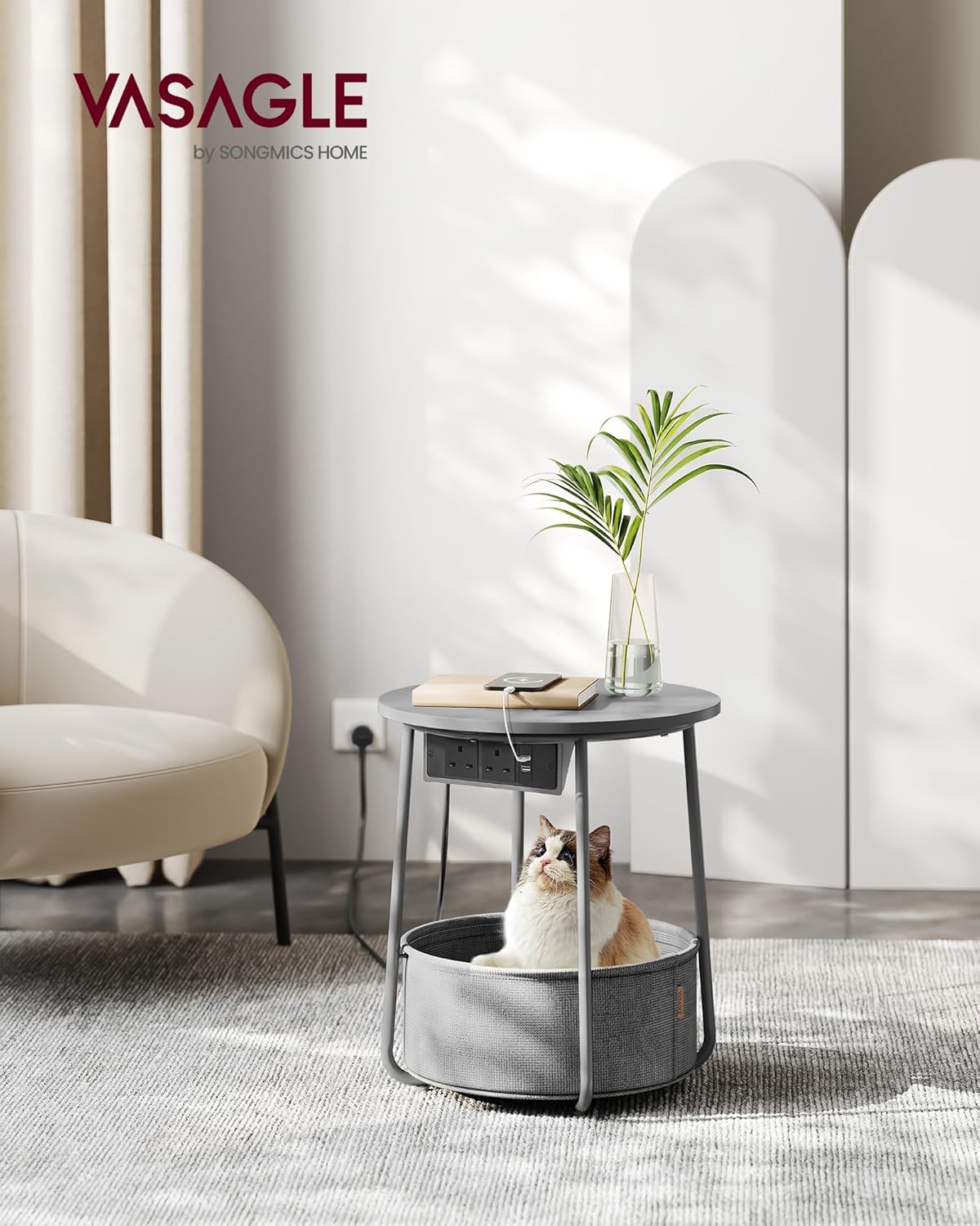 VASAGLE Side Table, Special Table with Charging Station, Innovative Round End Ta...