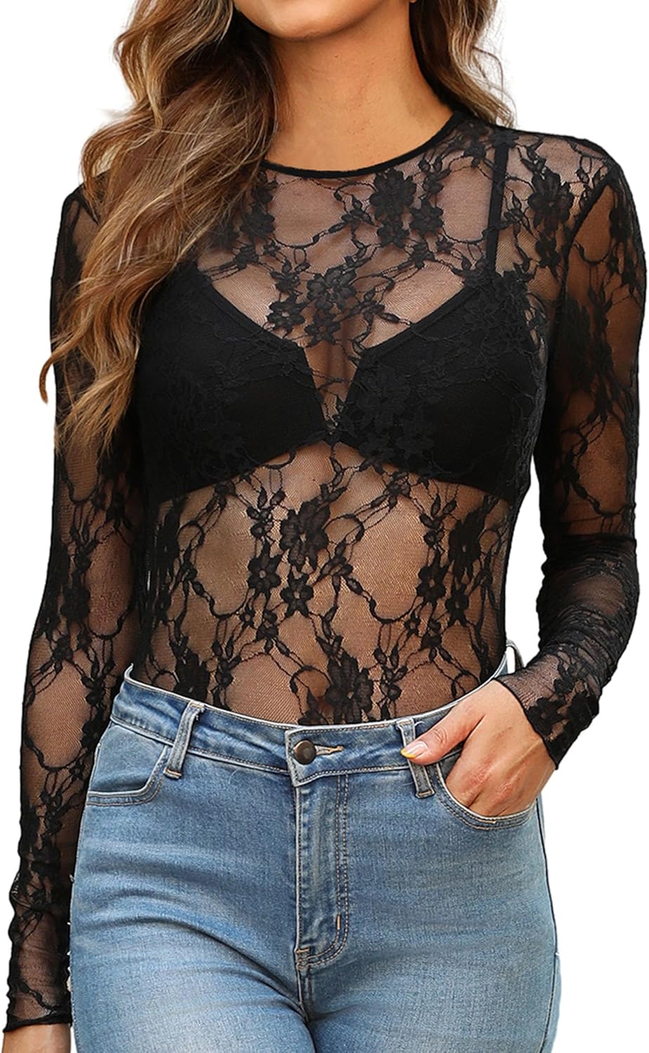 Unique OFEEFAN Women's Mesh Tops, Special Lace Long Sleeve Shirts, Fashionable C...