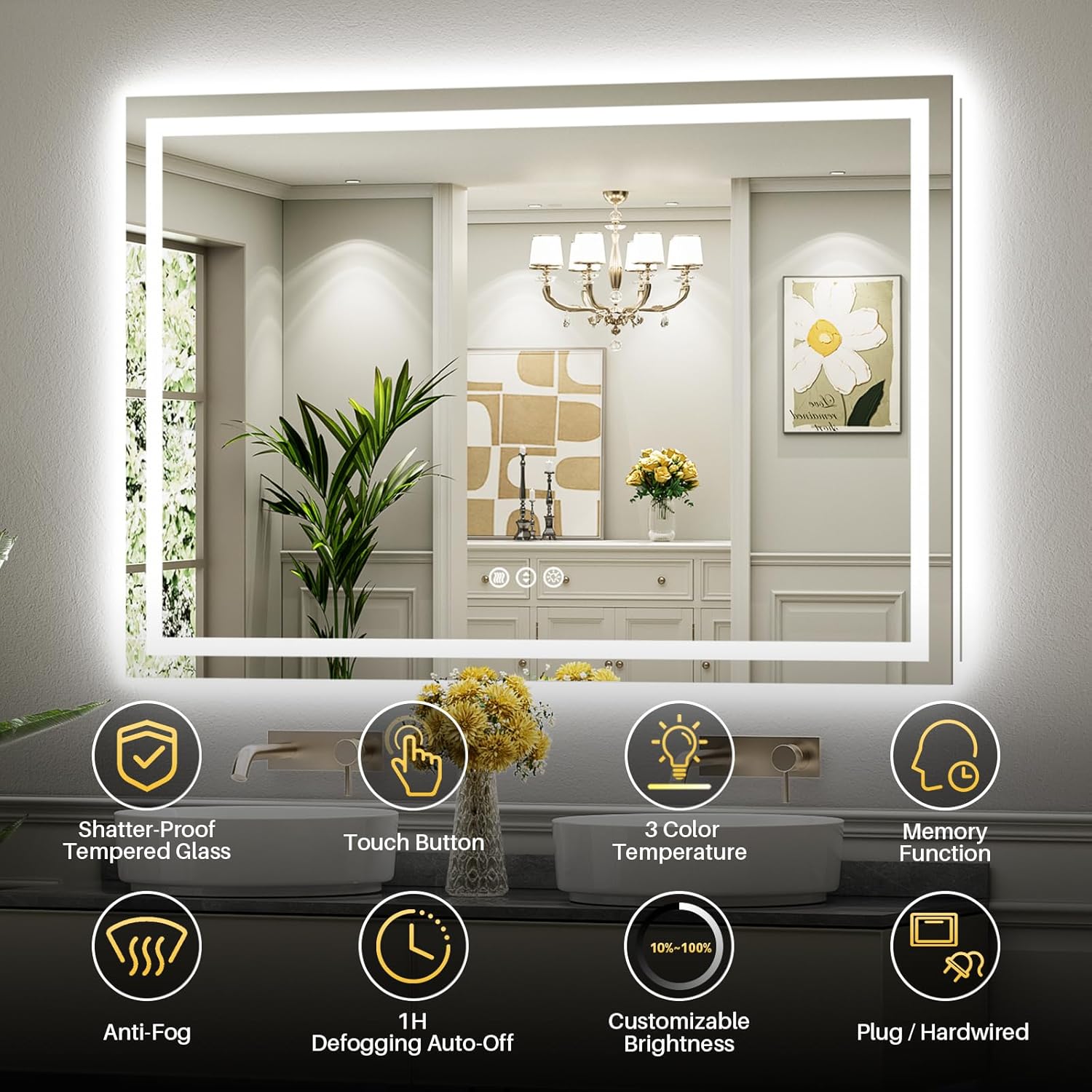 60x40 Inch LED Bathroom Mirror with Lights, Backlit & Front Lit, Anti-Fog Lighte...