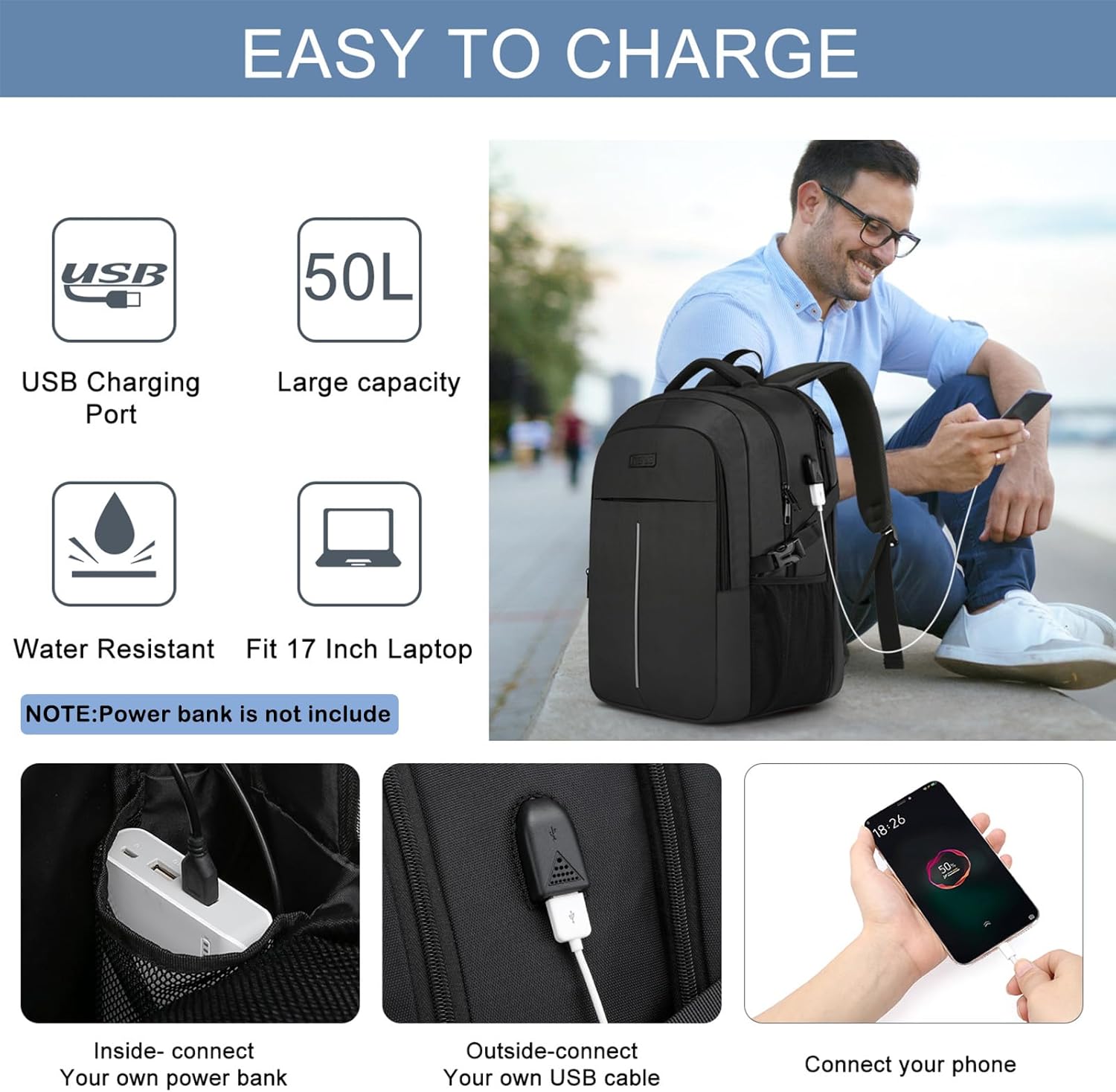 Extra Large Backpack for Men 50L,Water Resistant 17Inch Travel Laptop Work bag w...