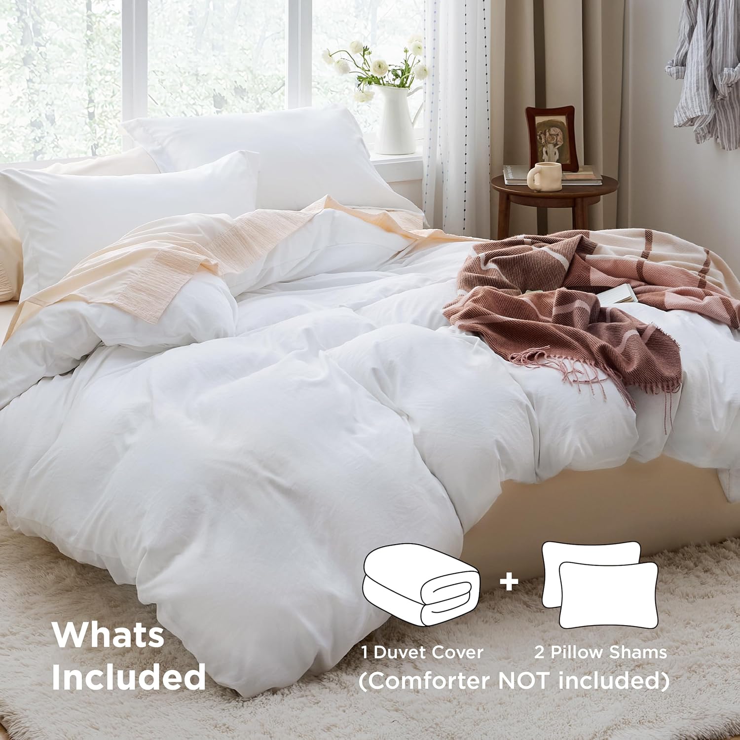 Bedsure White Duvet Cover Queen Size - 3 Pieces Prewashed Cotton-Like Polyester...