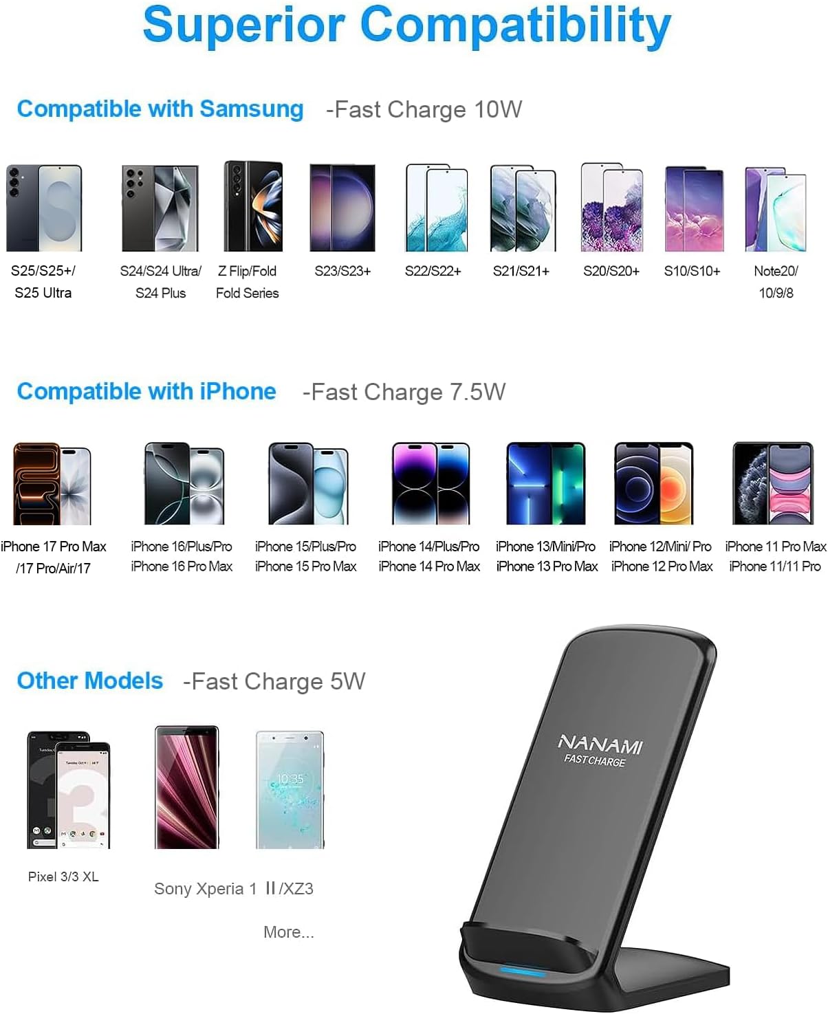 NANAMI Wireless Charger for Samsung and iPhone, 15W Fast Wireless Charging Stand...