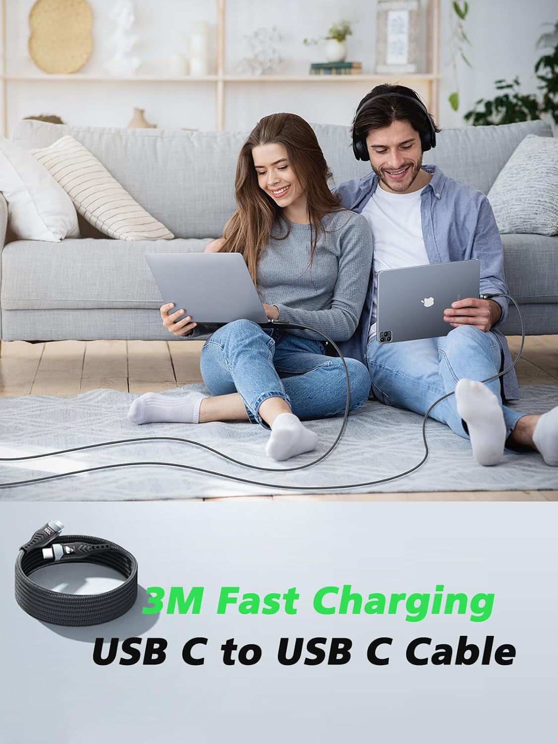 100W USB C to USB C, Fast Charging Cable 3M Long Type C Cable C to C Charger Fas...