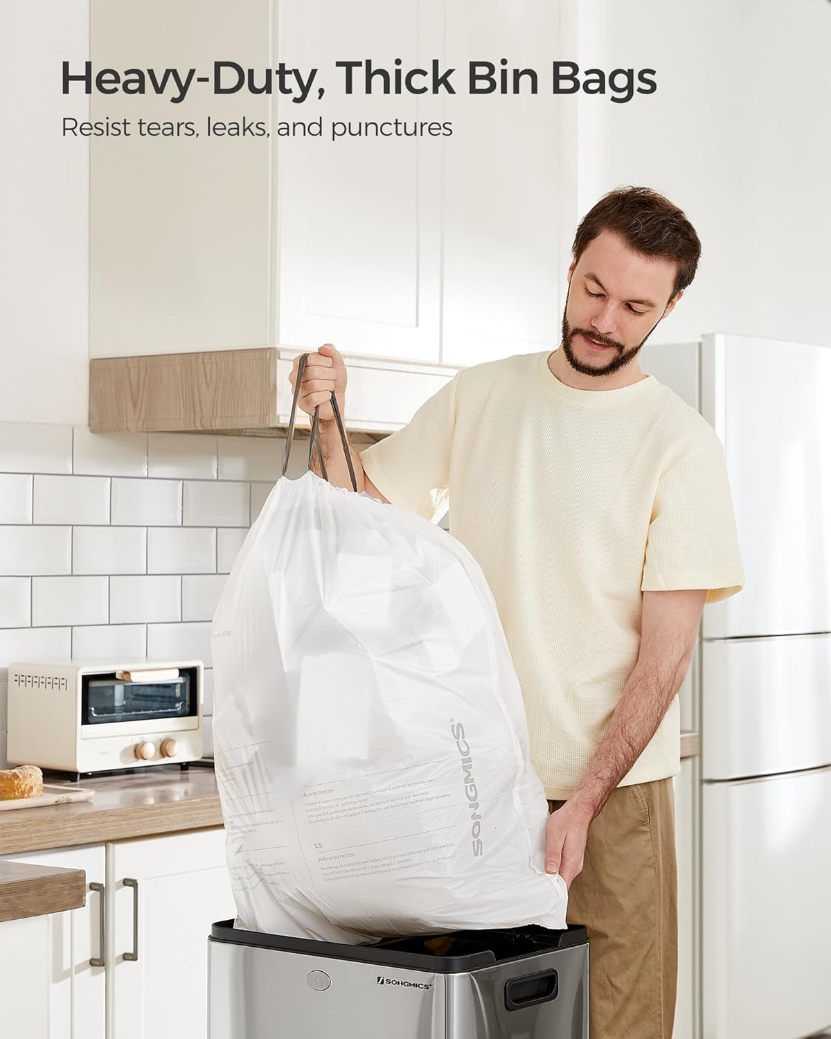 SONGMICS Heavy-Duty Bin Bags, Drawstring Rubbish Bags for 13-Gallon (50 L) Kitch...