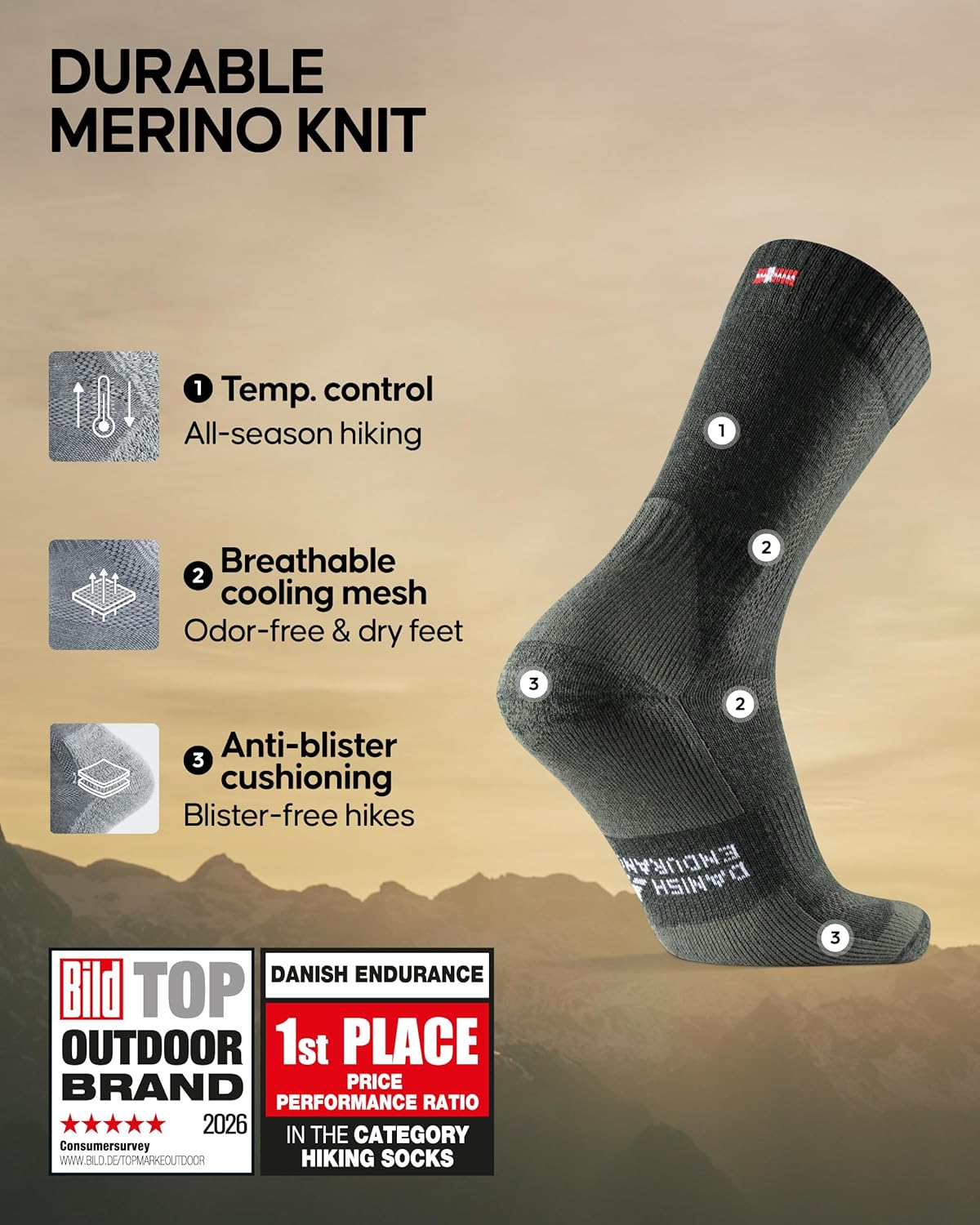 DANISH ENDURANCE Hiking Socks, Special Walking Socks with Breathable Merino Wool...