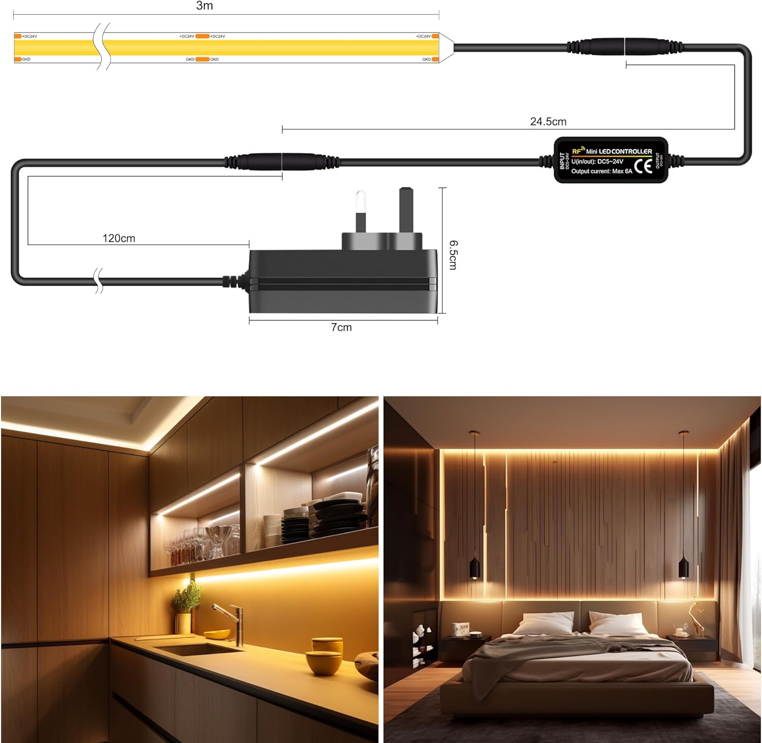 COB LED Strip Lights 2700K, Dimmable LED Strip Kit, Super Bright 24V LED Tape Li...