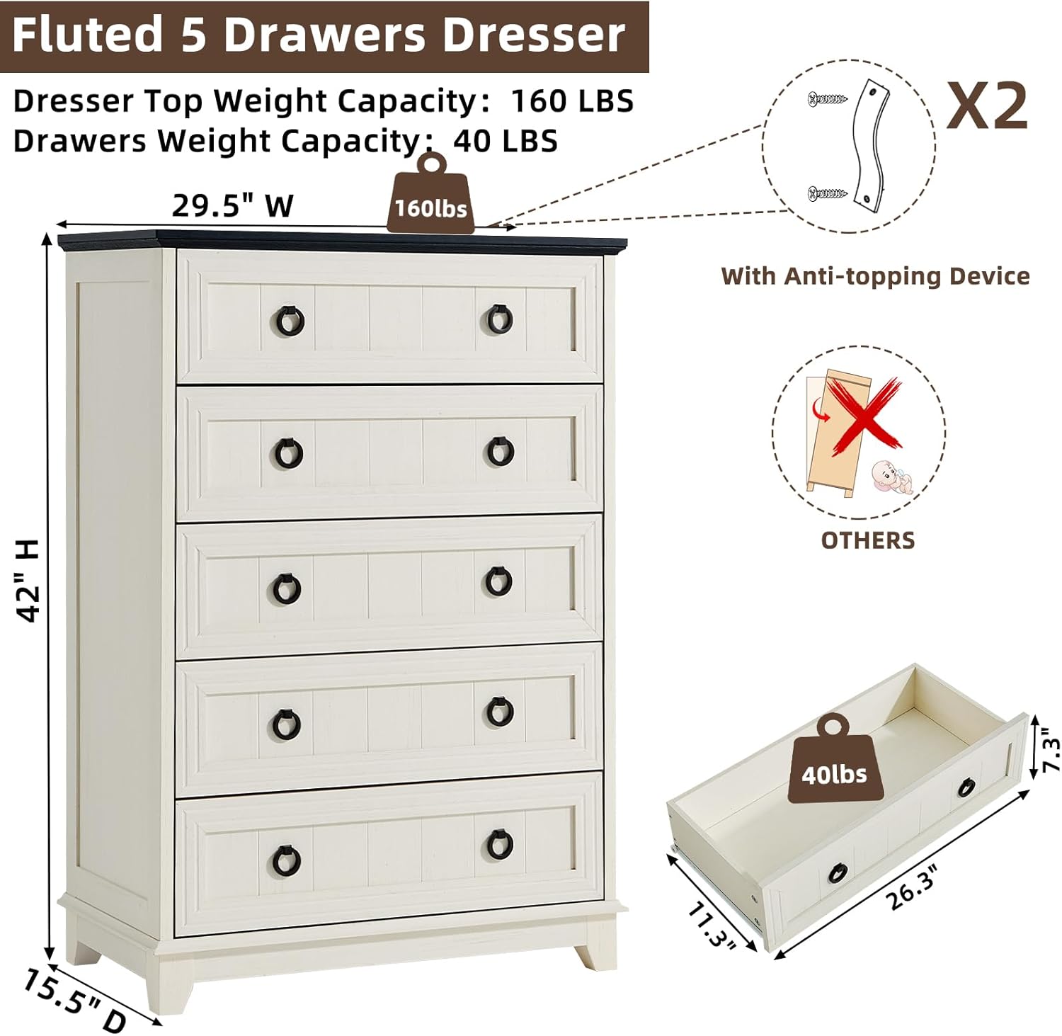Farmhouse 5 Drawer Dresser, Special Dresser for Bedroom, High-Quality Dresser fo...