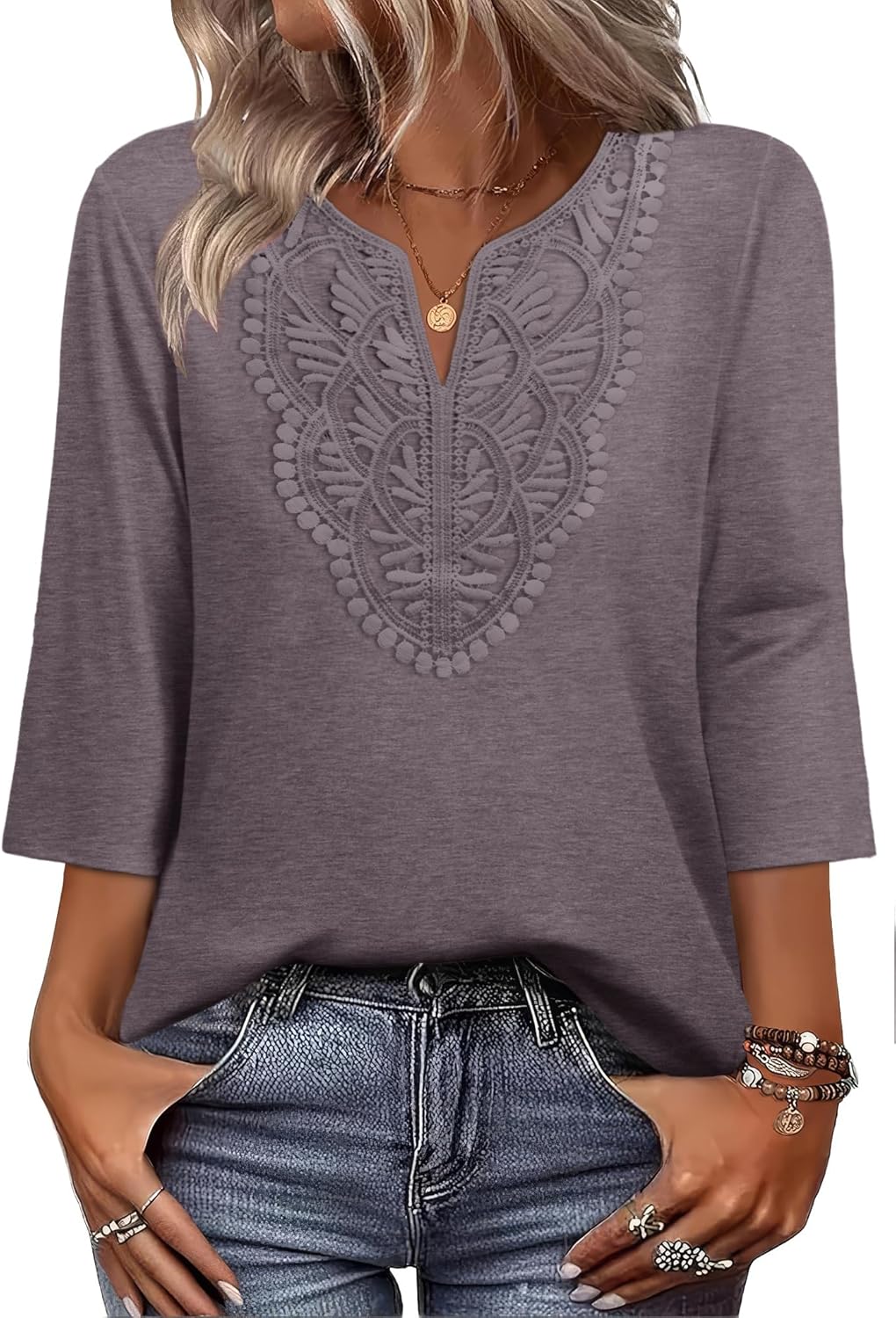 Trendy WIHOLL Womens Tops, Special Boho V Neck Lace Shirt, Stylish 3/4 Length Sl...