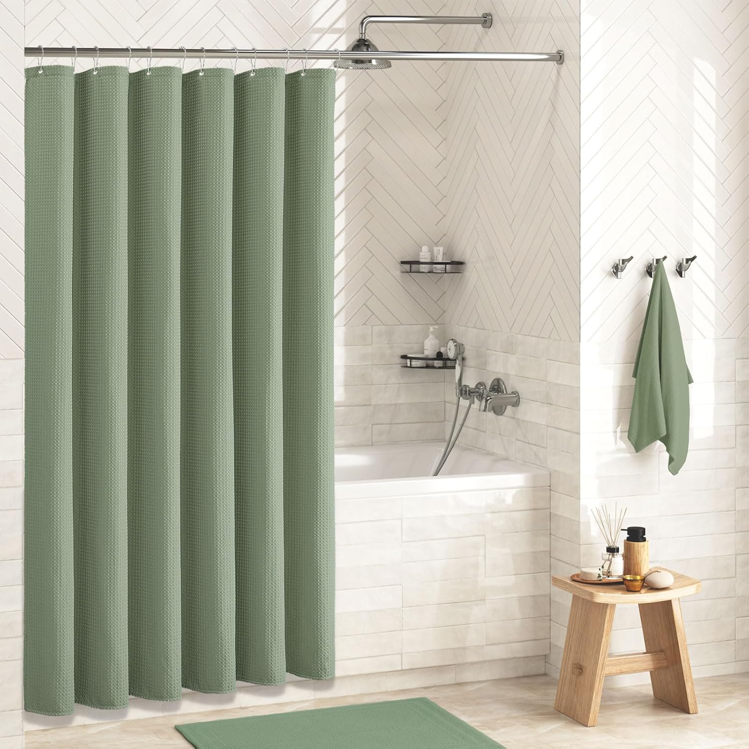Dynamene Sage Green Shower Curtain - Waffle Textured Heavy Duty Thick Fabric Sho...