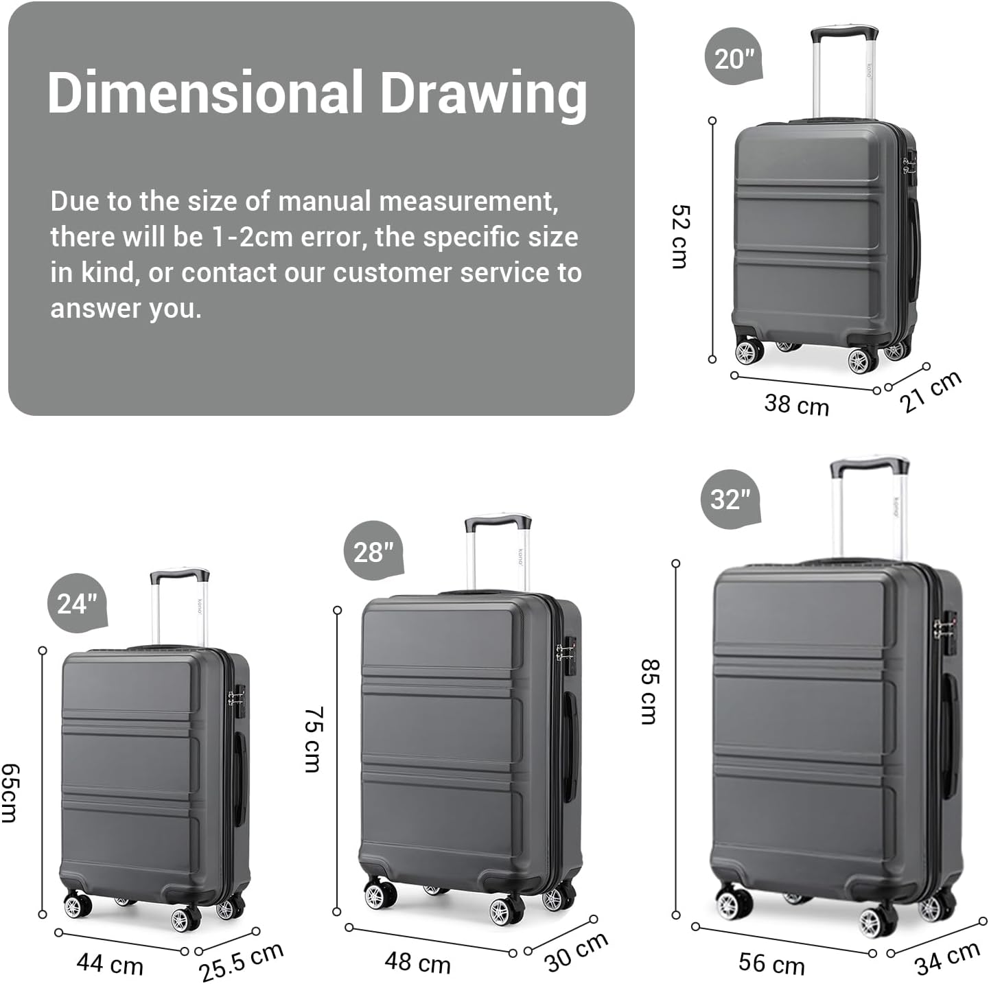 Kono Suitcase Lightweight ABS+PC Hard Shell Hand Luggage Travel Trolley Case wit...