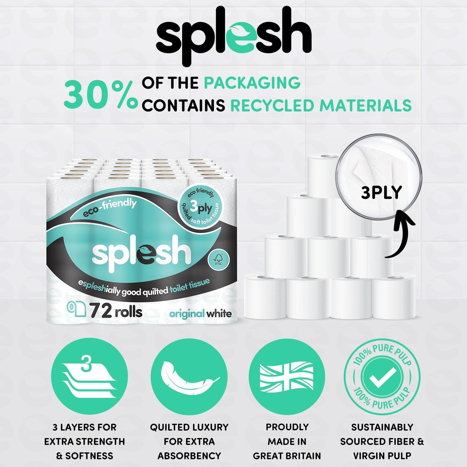 Splesh by Cusheen 3-ply Toilet Roll - Unscented (72 Pack) Soft, Quilted Bulk Toi...