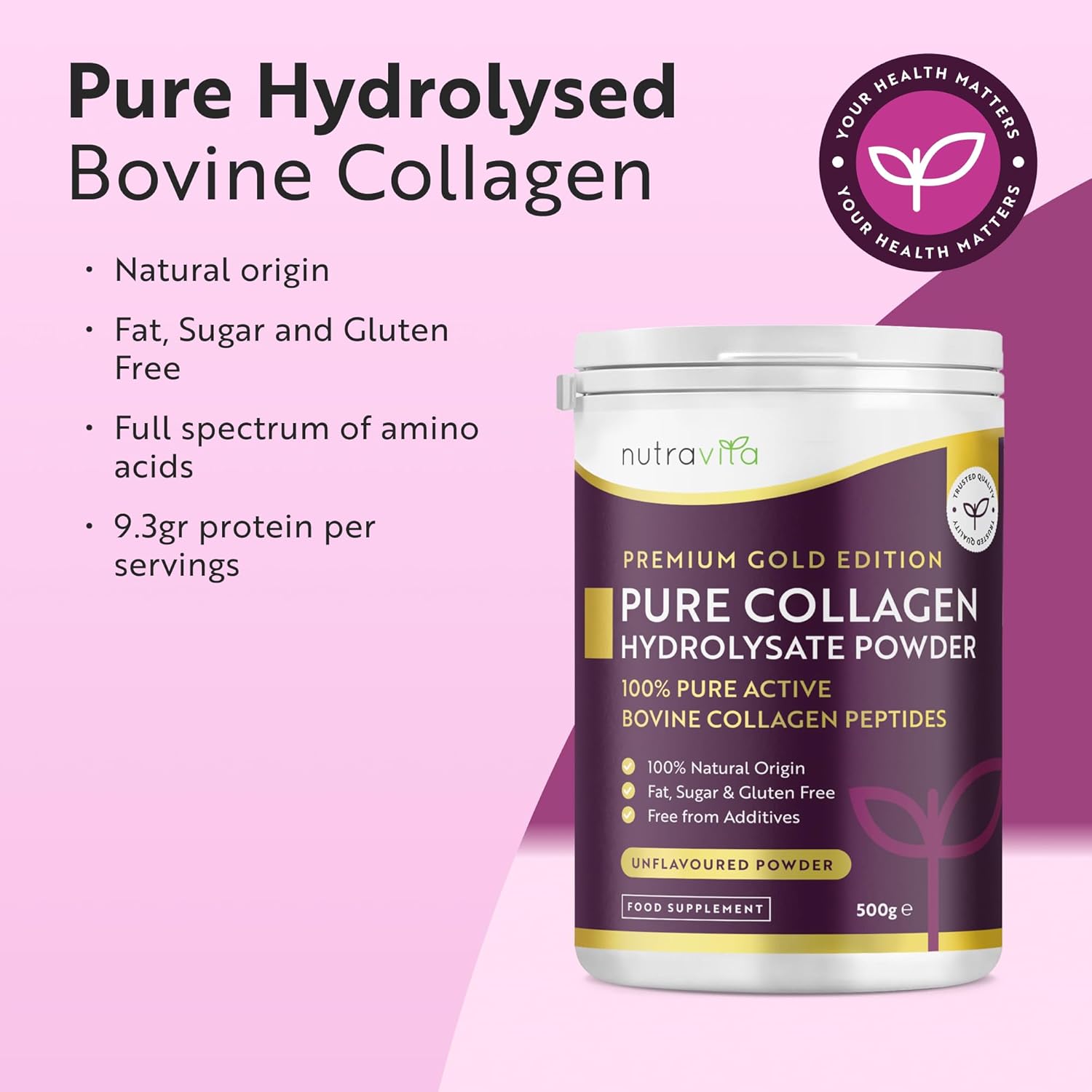 Nutravita Collagen Powder 500g - Premium Gold Standard Bovine - 50 Unflavoured S...